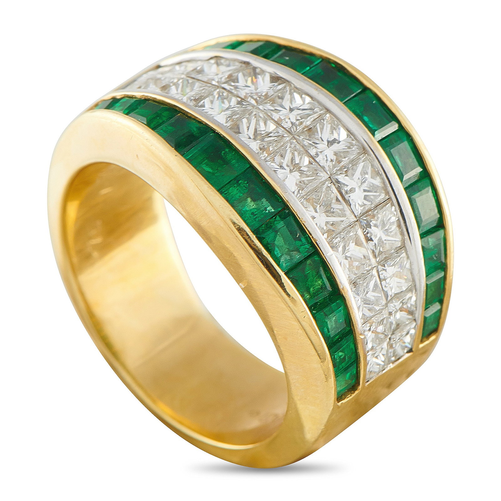 Quad 18K Yellow Gold 1.75ct Diamond and Emerald Ring: This Quad ring offers an elegant, timeless design. The simple 18K Yellow Gold setting beautifully showcases a central band of Diamonds totaling 1.75 carats and Emerald accents totaling 1.54 carats. It
