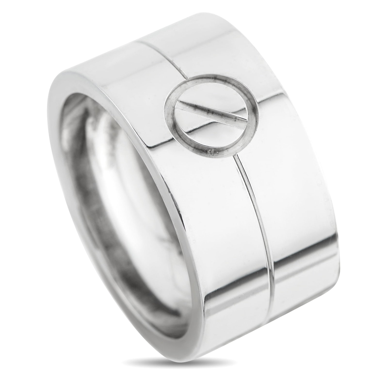 Cartier Love 18K White Gold Ring: This Cartier LOVE ring is stylish in its simplicity. The collection’s screw motif makes a statement at the center of the 18K White Gold band, providing this piece with an undeniable sense of luxury.