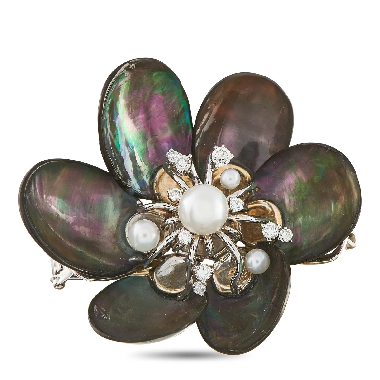 Seaman Schepps 18K White Gold 0.40ct Diamond and Pearl Brooch: This Seaman Schepps brooch features a stunning combination of colors, textures, and materials. Light plays on the surface of this piece’s colorful petals. At the center, Pearl accents and Diamonds w