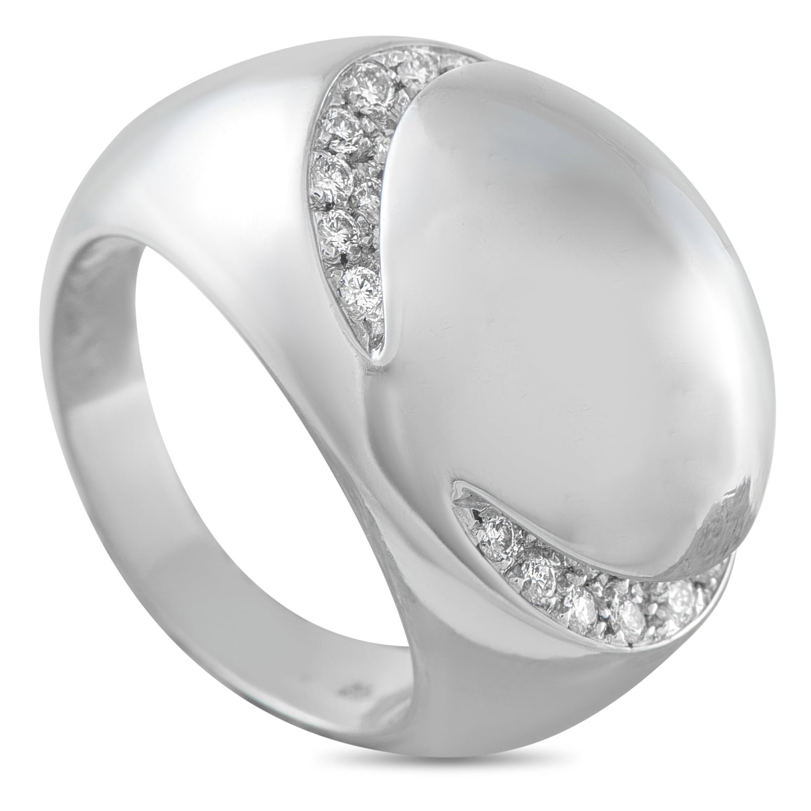 Bvlgari 18K White Gold Diamond Dome Ring: A dramatic rounded design makes this Bvlgari ring impossible to ignore. Inset Diamonds on each side of the 18K White Gold setting add contemporary elegance and a touch of sparkle. Ideal for everyday w