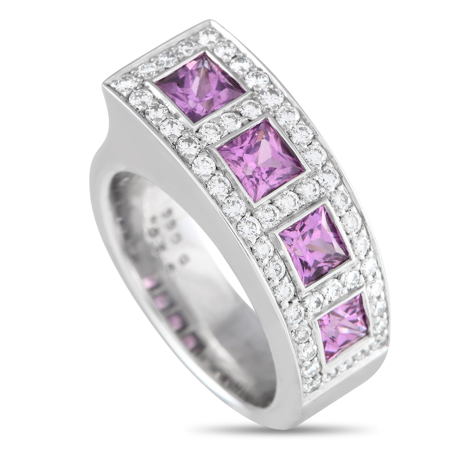 Bucherer 18K White Gold 0.65ct Diamond and Sapphire Ring: A series of four pink sapphire gemstones totaling 2.13 carats serve add the perfect pop of color to this impressive Bucherer ring. Elevated by diamond accents with a total weight of 0.65 carats, the 1