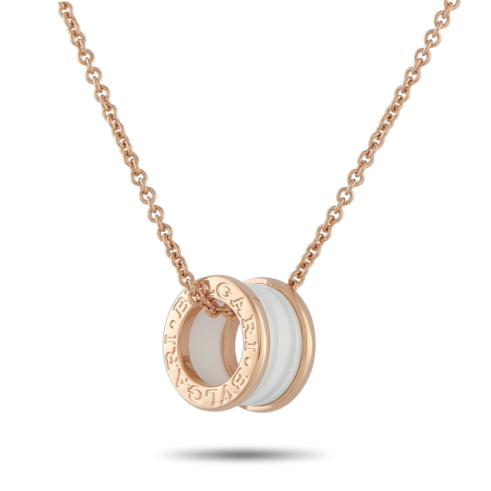 Bvlgari B.zero1 18K Rose Gold White Ceramic Necklace: This iconic Bvlgari B.Zero1 necklace was inspired by the luxury brand’s affinity for the aesthetics of Roman architecture. Sleek and sophisticated, the circular pendant comes to life thanks to a whi
