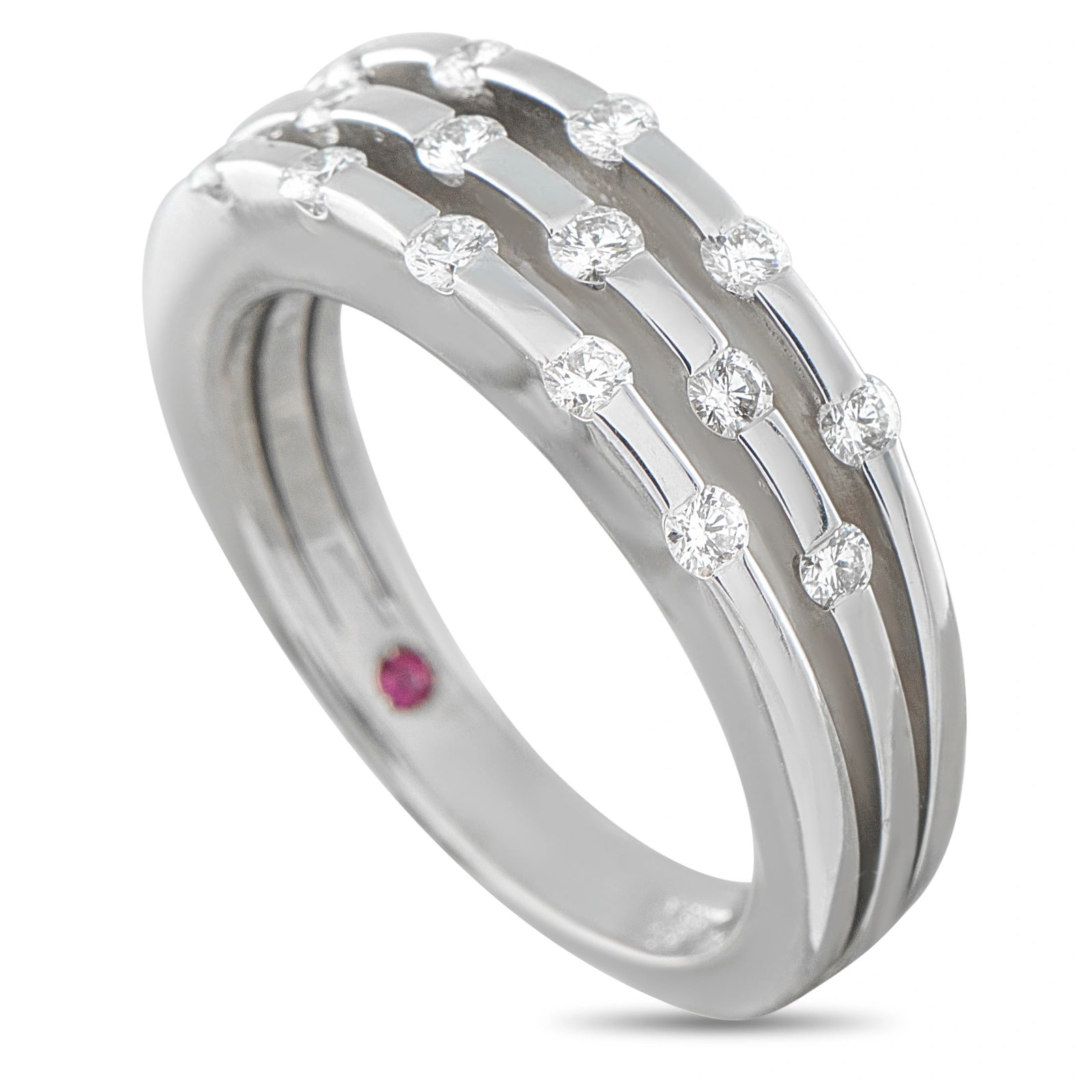 Roberto Coin 18K White Gold 0.53ct Diamond Three-Row Ring: This elegant band ring by Roberto Coin is crafted in 18K white gold featuring three ribbed rows scattered with round brilliant diamonds totaling approximately 0.53 carats. As is customary for the bran