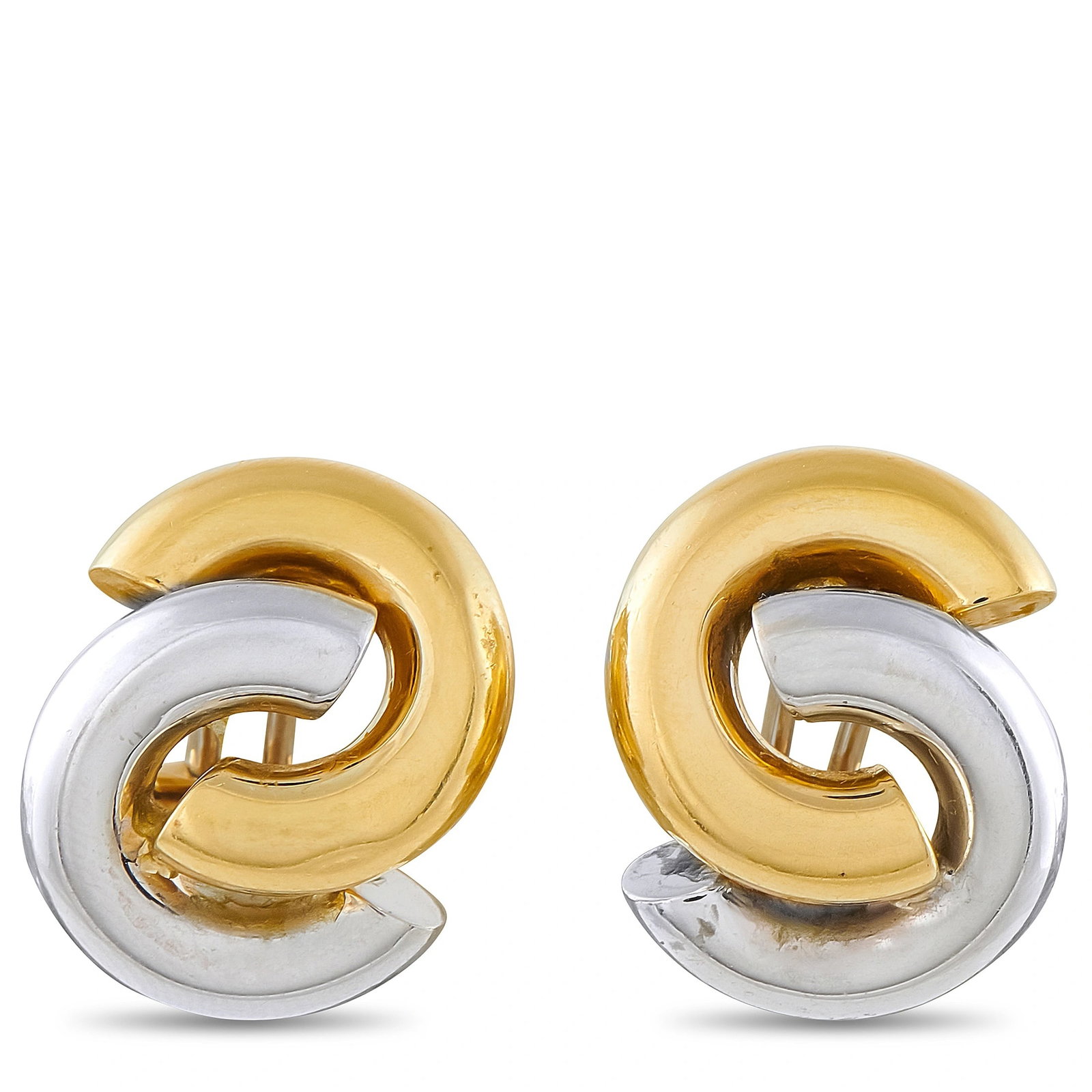 Roberto Coin 18K Yellow and White Gold Swirl Earrings: These estate Roberto Coin earrings feature an interlocking swirl design in 18-karat yellow and white gold — a fluid, sculptural expression of the Maison’s Italian goldsmithing mastery. Each carrie