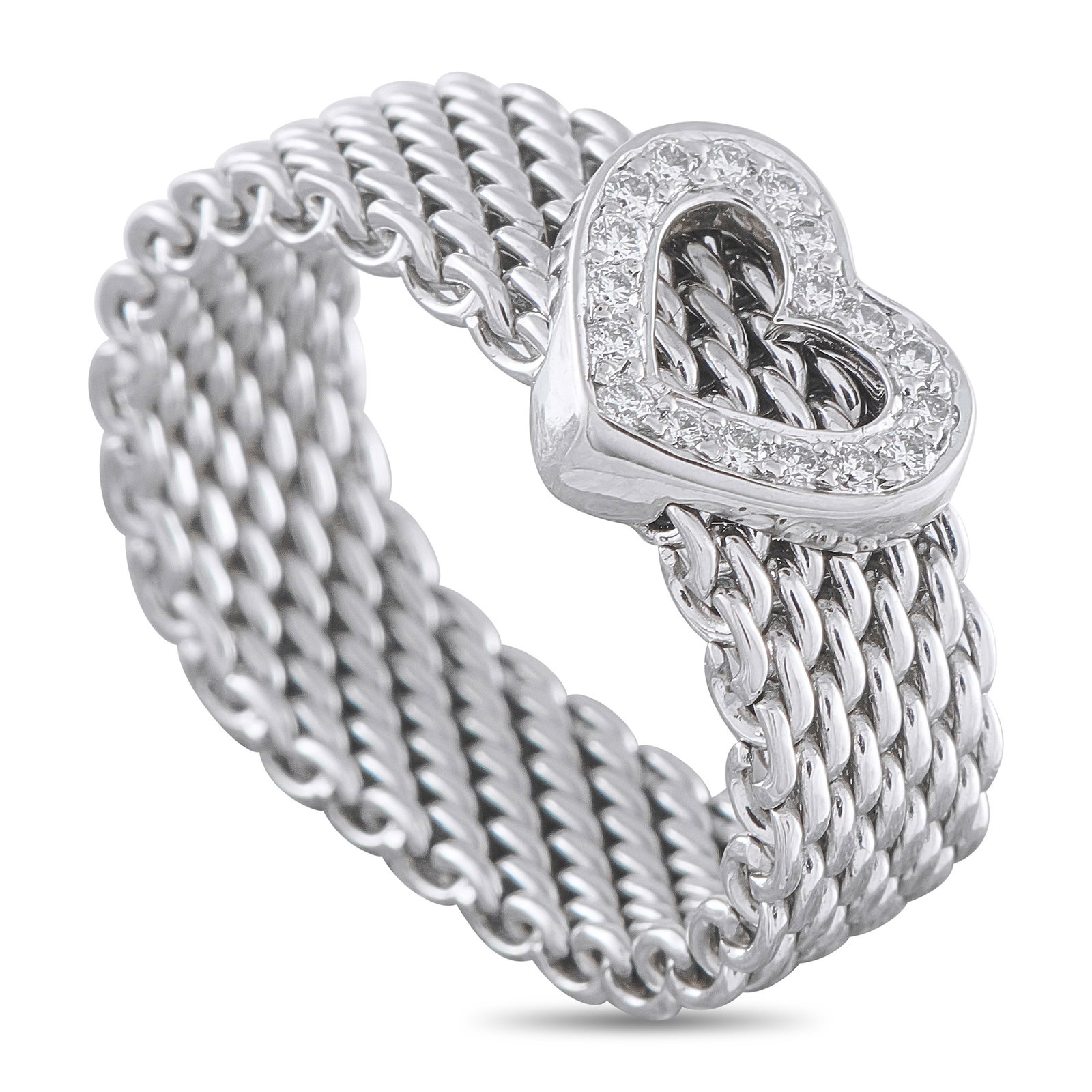 Tiffany & CO. 18K White Gold Diamond Heart Ring: This Tiffany & Co. ring is incredibly charming. Crafted from 18K White Gold, the mesh band is perfectly juxtaposed with a heart-shaped motif accented by inset Diamonds. A 6mm wide band and a 4mm top h