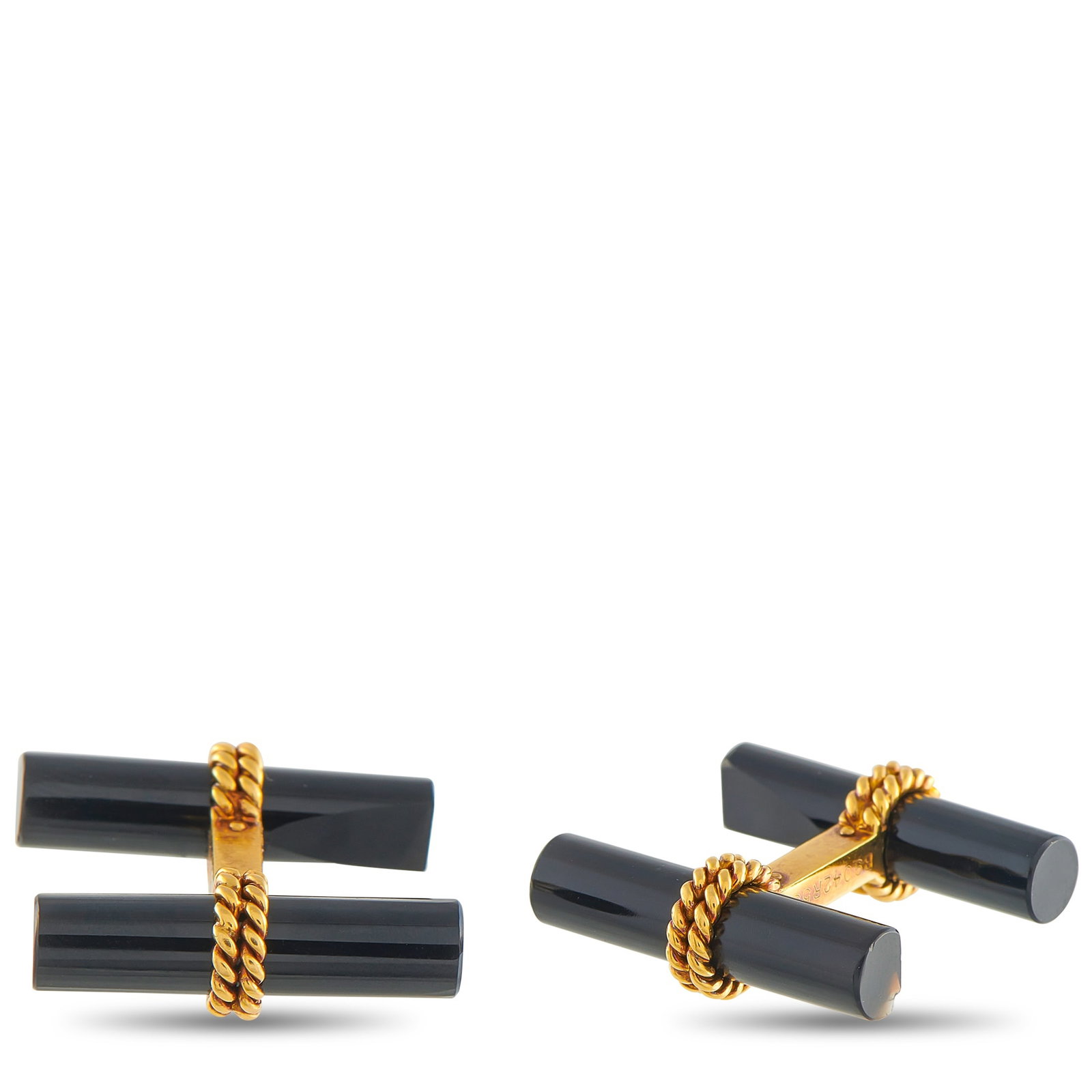 Van Cleef & Arpels 18K Yellow Gold Onyx Cufflinks: These Van Cleef & Arpels cufflinks will add a touch of classic sophistication to any ensemble. Ideal for any occasion, Onyx bars are juxtaposed with a textured 18K Yellow Gold setting. Each one measur