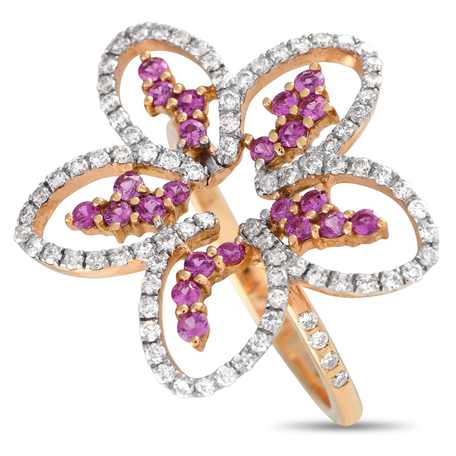 Casato 18K Yellow Gold 0.60ct Diamond and Sapphire Dainty Flower Ring: As delicate as a flower. This beauty features a slim band measuring only 1mm thick. Four diamonds dot each shoulder of the ring, drawing the eye towards a five-petal flower outline that serves as the 