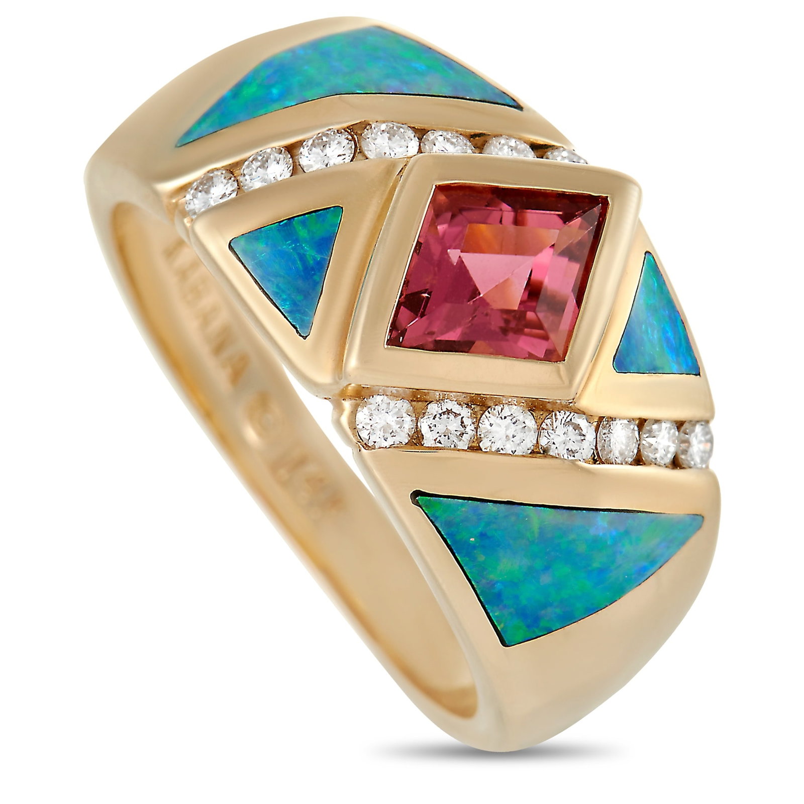 Kabana 14K Yellow Gold 0.21 ct Diamond, Tourmaline and Inlaid Opal Ring: A spectacular array of gemstones makes this Kabana ring truly unforgettable. This piece showcases radiant inlaid opal stones, a 0.65 carat Tourmaline, and diamonds totaling 0.21 carats – all in a st