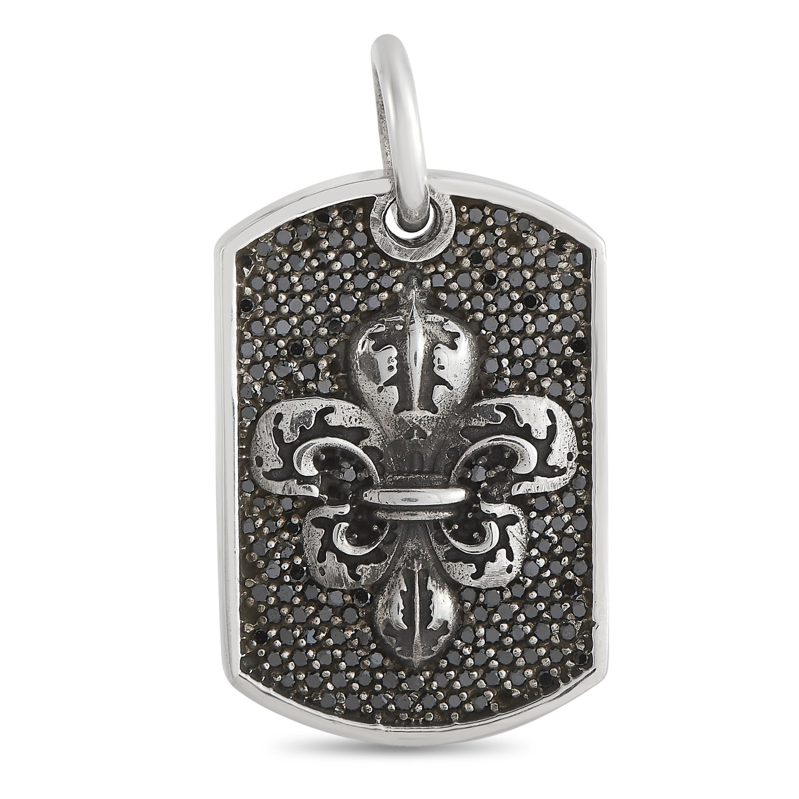 King Baby Silver and Black Diamond Fleur-de-Lis Relic Dog Tag Pendant: This King Baby dog tag pendant is made of silver and embellished with black diamonds. The pendant measures 1.5” in length and 1” in width. Offered in brand Brand New Contact 484 620 2893 f