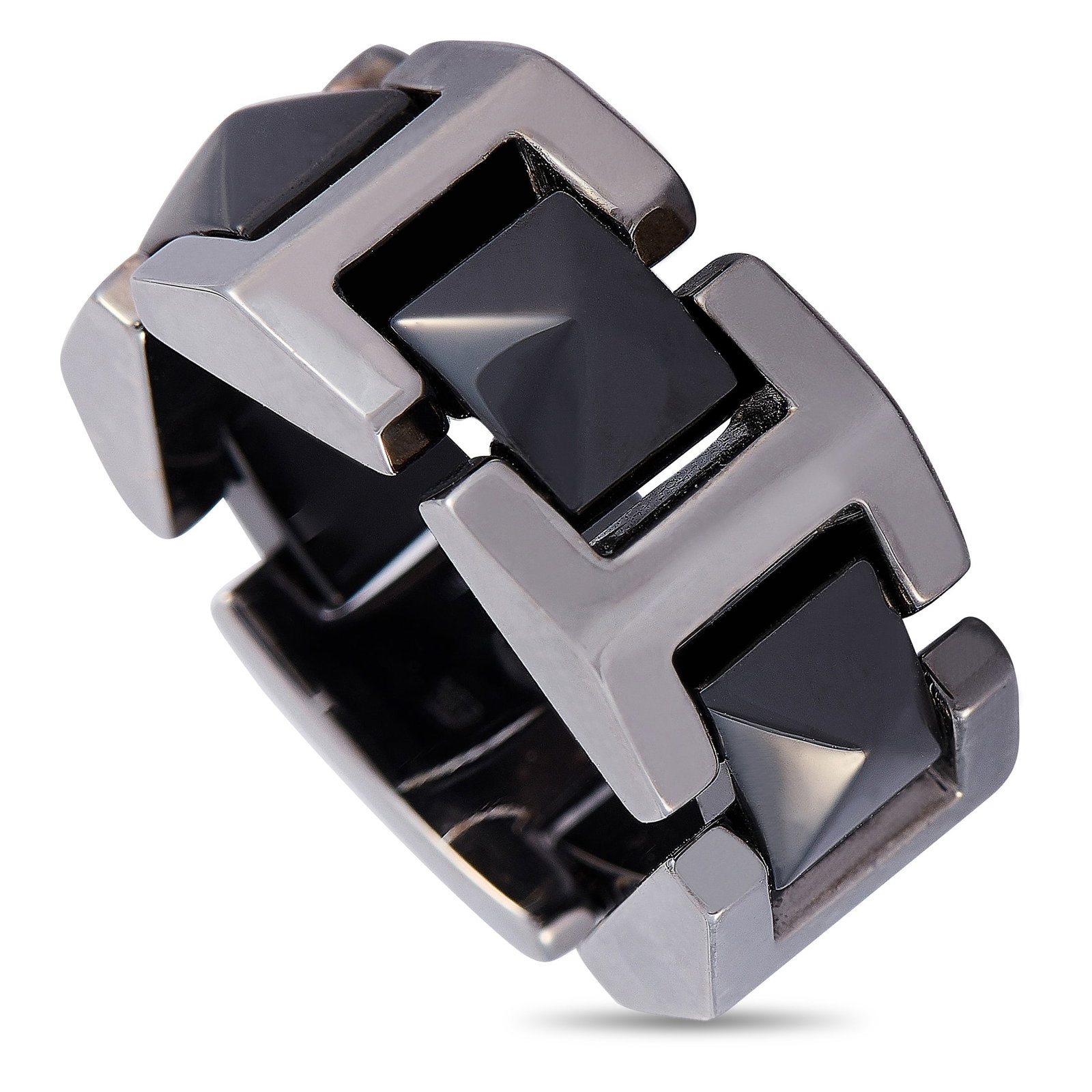 Versace 18K White Gold Black Ceramic Ring: This Versace ring is made out of 18K white gold and black ceramic and weighs 10.1 grams. It boasts band thickness of 10 mm and top height of 4 mm, while top dimensions measure 22 by 22 mm. The ring is