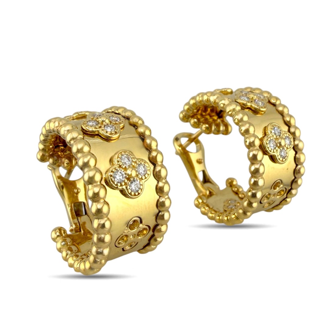 Van Cleef & Arpels 18K Yellow Gold 0.80ct Diamond Perlée Clover Earrings: Van Cleef & Arpels 18K Yellow Gold 0.80ct Diamond Perlée Clover Earrings These authentic Van Cleef & Arpels Perlée earrings are crafted in 18K yellow gold and designed in a refined huggie style hoop