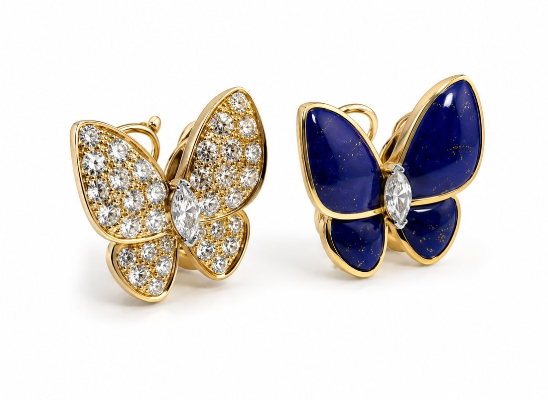 Van Cleef & Arpels Two Butterfly earrings, 18K yellow gold, lapis lazuli, round diamonds: Van Cleef & Arpels Two Butterfly earrings, 18K yellow gold, lapis lazuli, round diamonds Description Condition: Like New Brand: Van Cleef & Arpels Material: 18K Yellow Gold Diamond: 36 stones, 0.99 ca
