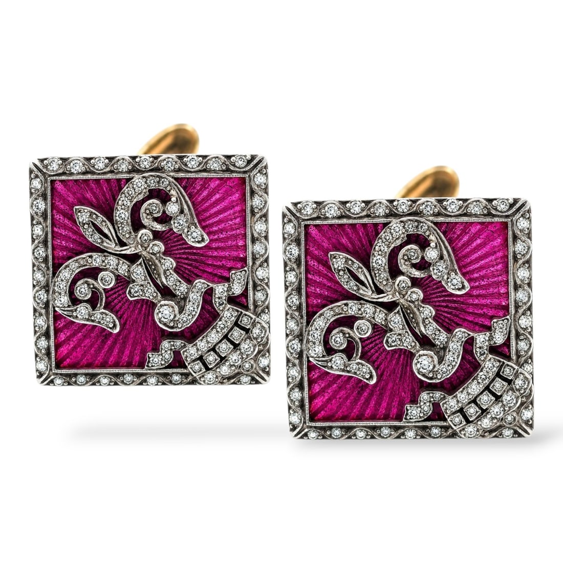 K.Faberge Imperial Russian 56 Yellow Gold Diamond & Pink Enamel Imperial Crown Cufflinks: K.Faberge Imperial Russian 56 Yellow Gold Diamond & Pink Enamel Imperial Crown Cufflinks An exceptional pair of Imperial Russian Fabergé cufflinks crafted in 14K yellow gold by August Hollming, one o