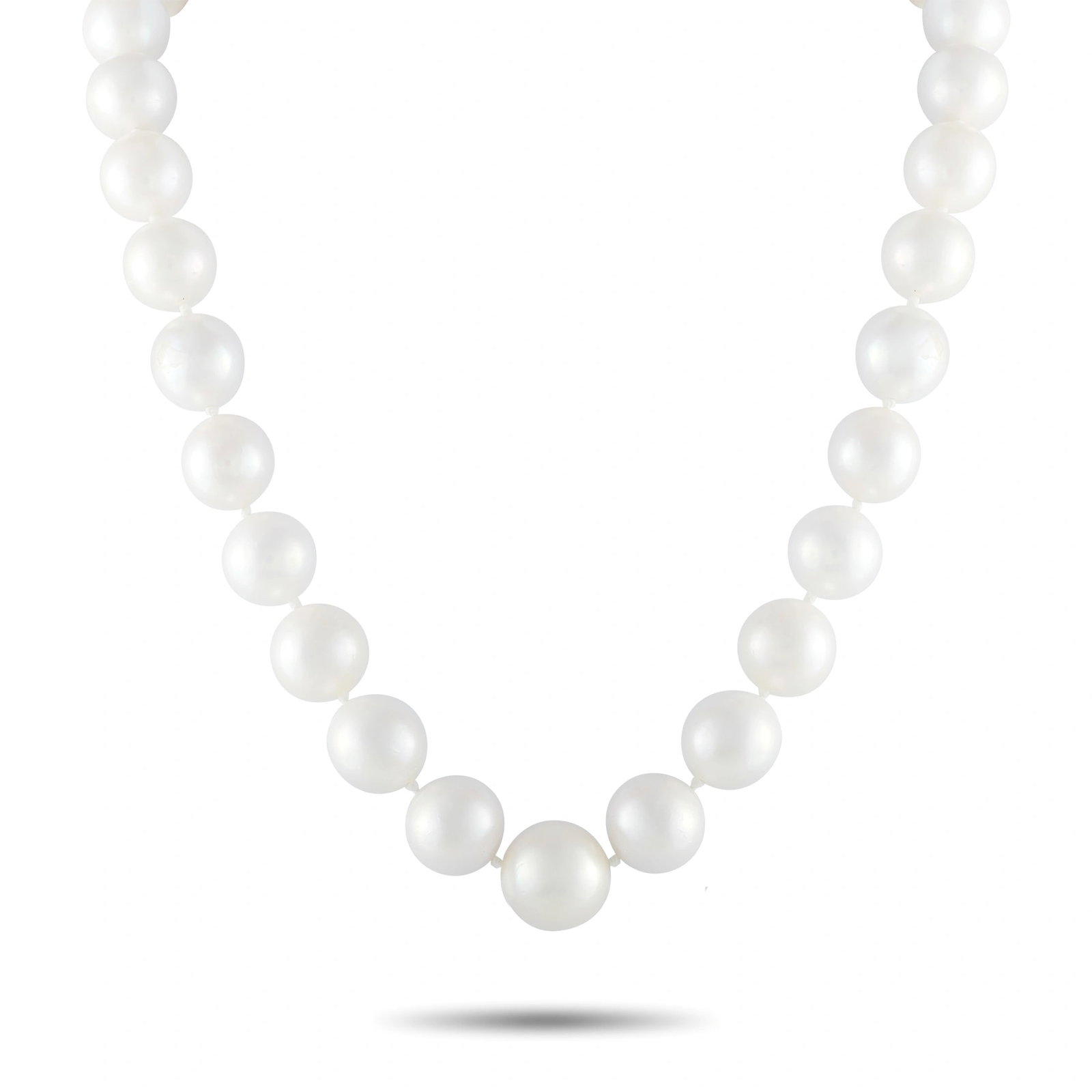 18K Yellow Gold Pearl Necklace: This necklace is composed of a strand of cultured pearls ranging from 14mm to 16mm, finished with a textured 18K yellow gold ball clasp. It measures 16 inches in length and includes a gift box. Metal 