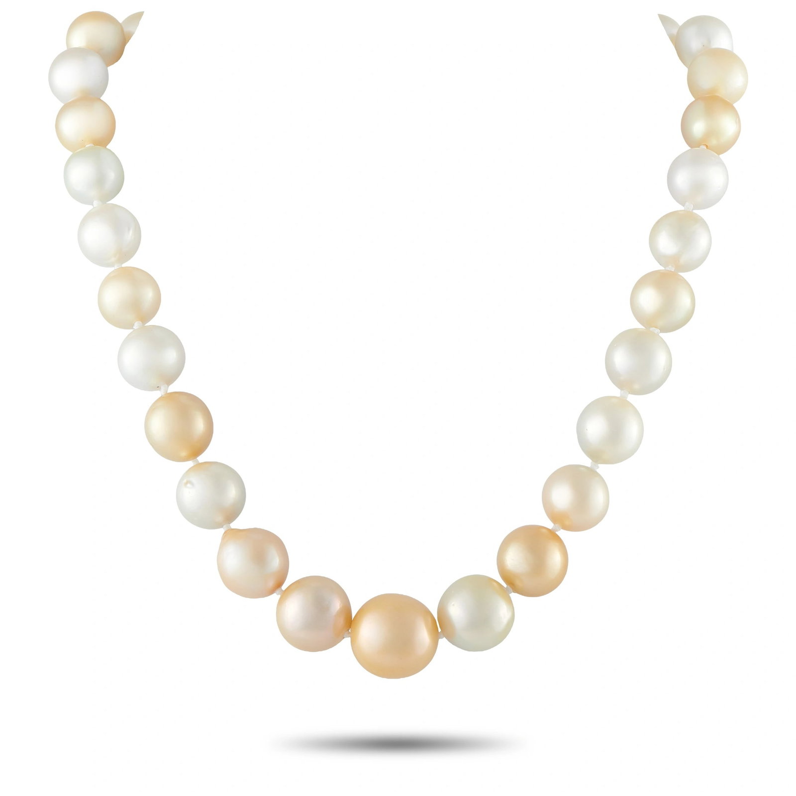 Golden Pearl Necklace: This necklace features a graduated strand of lustrous golden South Sea pearls ranging from 13.5mm to 17.2mm. It is finished with an ornate gold fold-over clasp and measures 16 inches in length. The ne