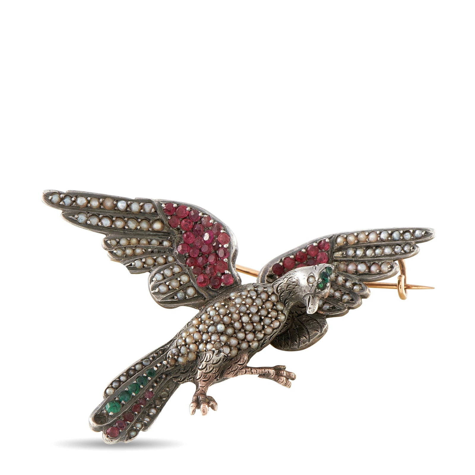 Antique 14K Rose Gold and Silver Emerald, Seed Pearl, and Garnet Bird Brooch: This antique brooch is crafted in 14K rose gold and silver, designed as a bird in flight with seed pearl-set plumage, garnet-set wing and tail accents, and emerald eyes. It measures approximately 1.63