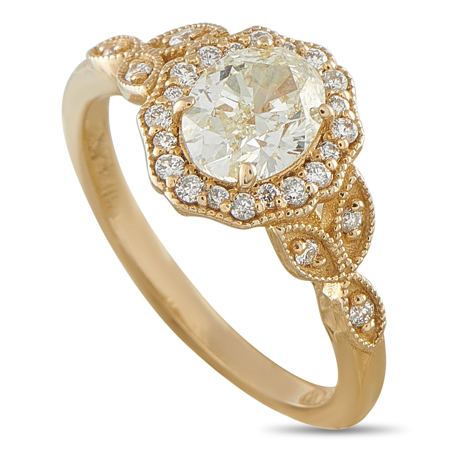 14K Yellow Gold 1.22ct Diamond Halo Engagement Ring: This estate engagement ring is crafted in 14K yellow gold and centers a round brilliant-cut diamond weighing approximately 1.01 carats, surrounded by a milgrain-edged halo of round diamonds totaling a