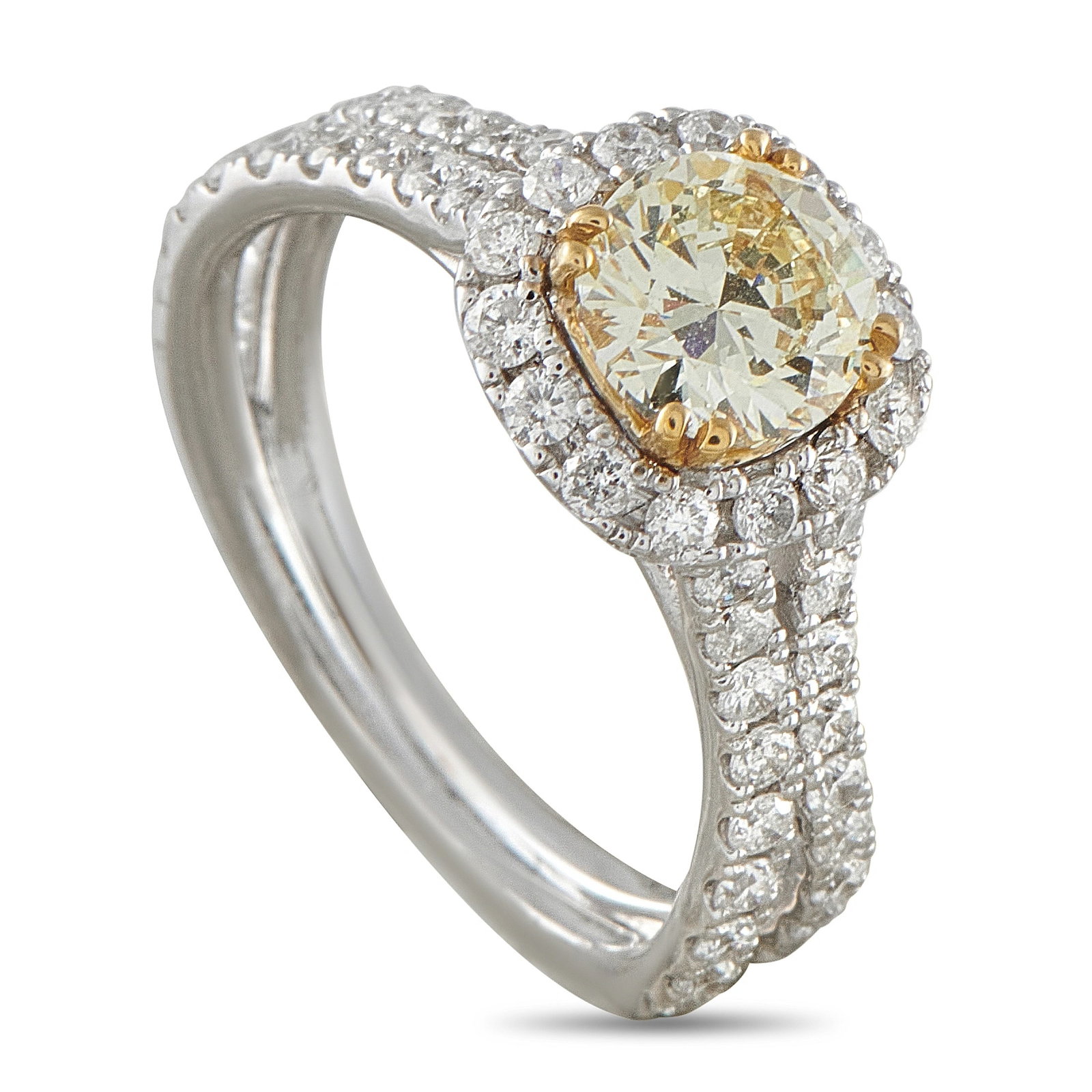 14K White Gold 1.66ct Fancy Yellow Diamond Halo Ring: This 14K white gold ring showcases a fancy yellow oval-cut diamond weighing approximately 1.01 carats, set in a yellow gold basket and encircled by a halo and pave-set split shank of white diamonds to