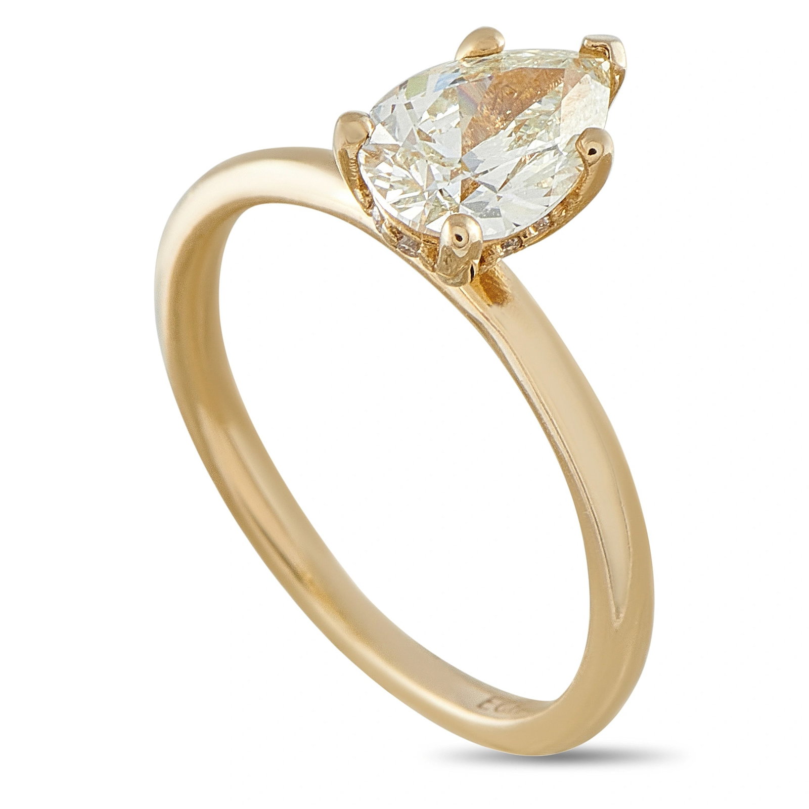 14K Yellow Gold 1.12ct Diamond Solitaire Engagement Ring: This engagement ring is crafted in 14K yellow gold and set with a GIA pear-cut diamond weighing 1.12 carats, graded L color and VVS2 clarity, held in a delicate four-prong mounting. The ring weighs 3.