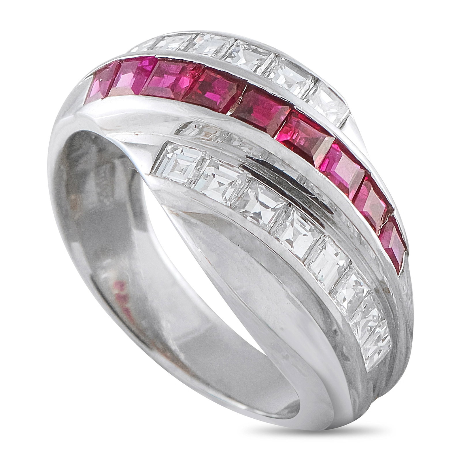 Platinum 1.0ct Diamond and Ruby Crossover Band: This crossover band ring features channel-set square-cut rubies totaling approximately 0.95 carats alongside channel-set diamonds totaling approximately 1.0 carat, set in platinum. The ring weighs 9.7