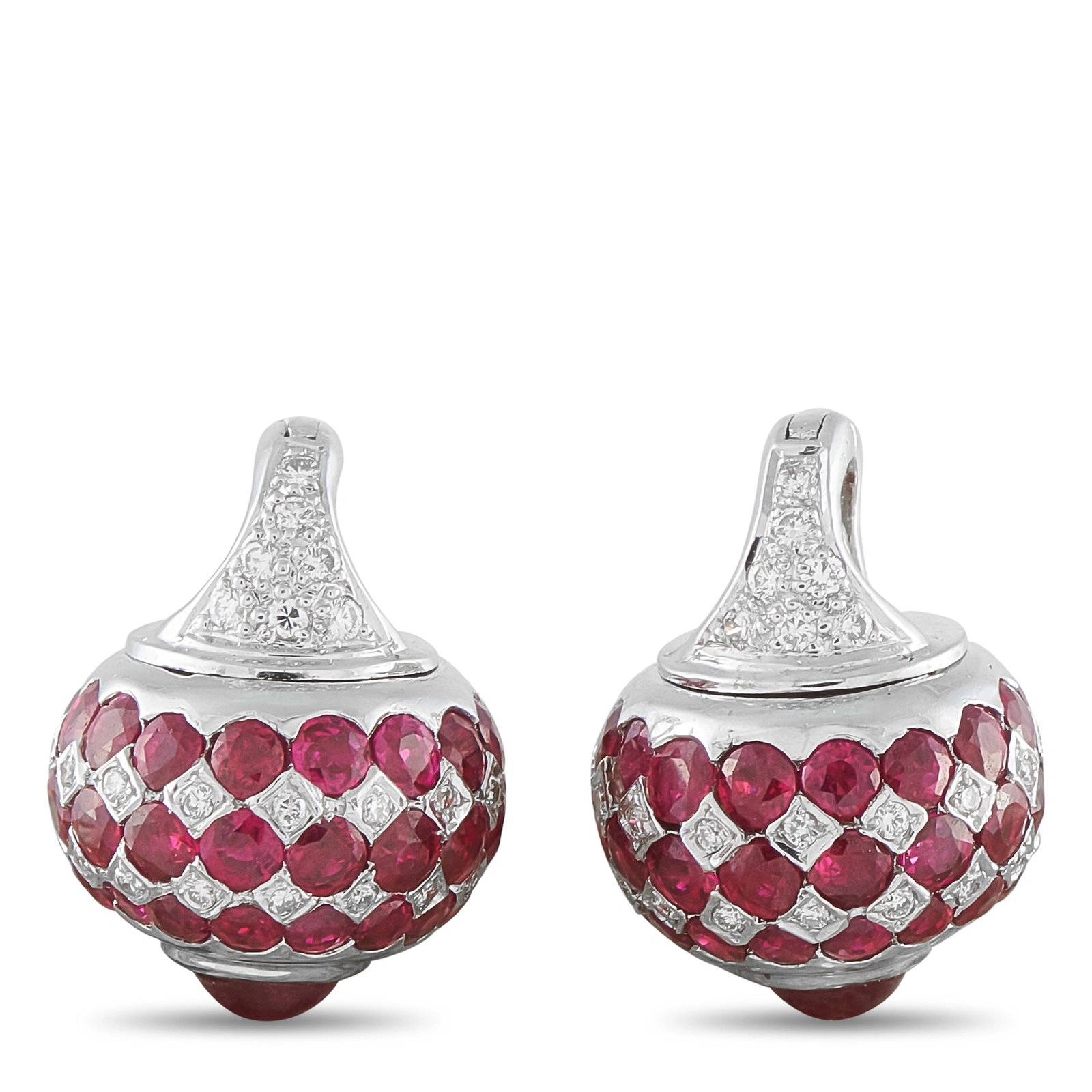 18K White Gold 0.36ct Diamond and Ruby Drop Earrings: These drop earrings feature pave-set round rubies totaling approximately 6.0 carats accented by 0.36 carats of round diamonds, set in 18K white gold in a basket-style silhouette. The earrings weigh 11