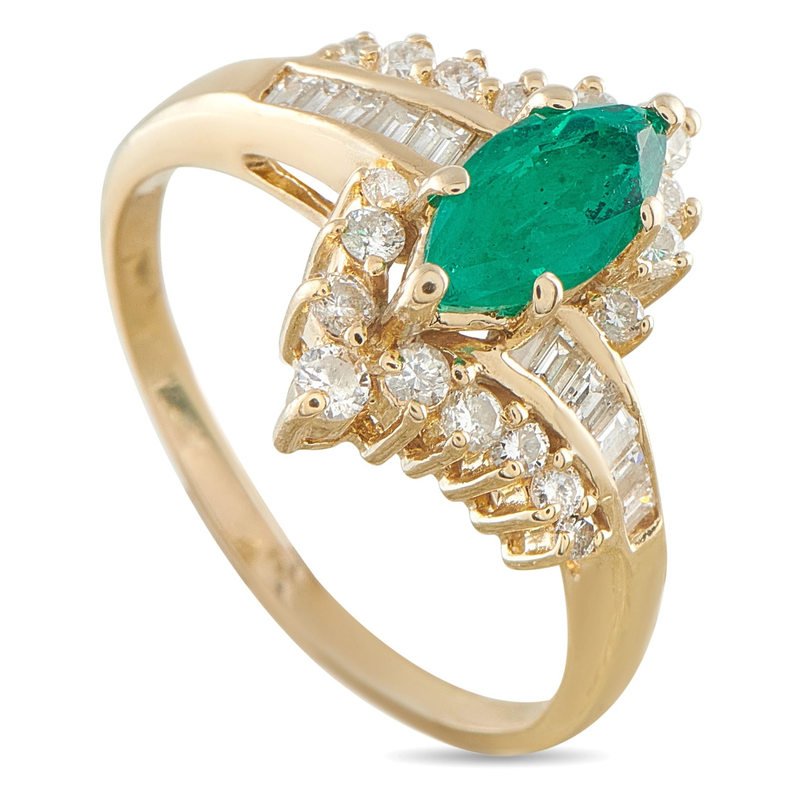14K Yellow Gold 1.10ct Diamond and Emerald Ring: This estate ring is crafted in 14K yellow gold and showcases a marquise-cut emerald weighing approximately 0.90 carats, framed by a cluster of round and baguette-cut diamonds totaling approximately 1.