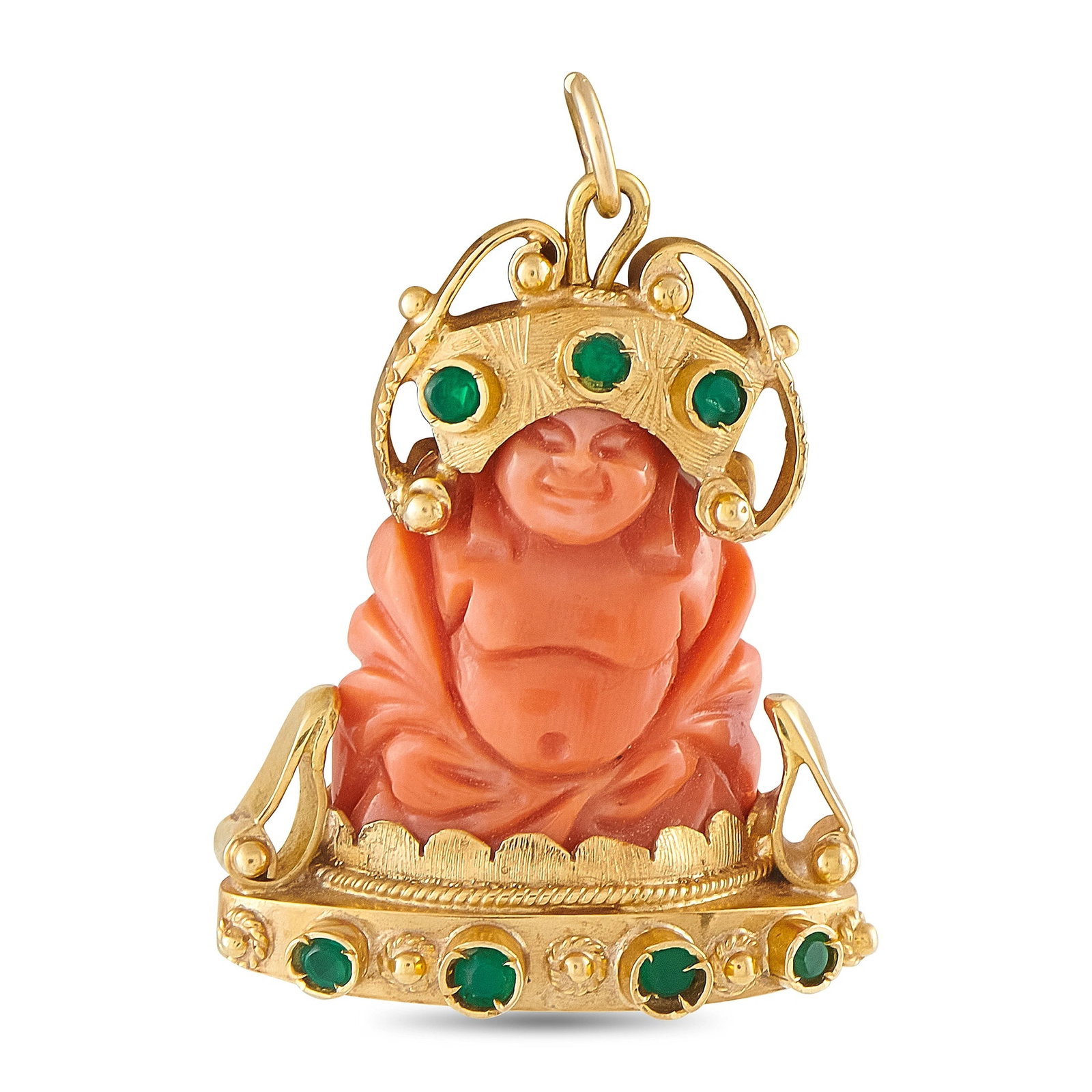 18K Yellow Gold Carved Coral and Emerald Happy Buddha Pendant: This estate pendant is crafted in 18K yellow gold and features a hand-carved coral figure of a Happy Buddha wearing a gold crown and seated atop a gold base, both accented with round cabochon emeralds