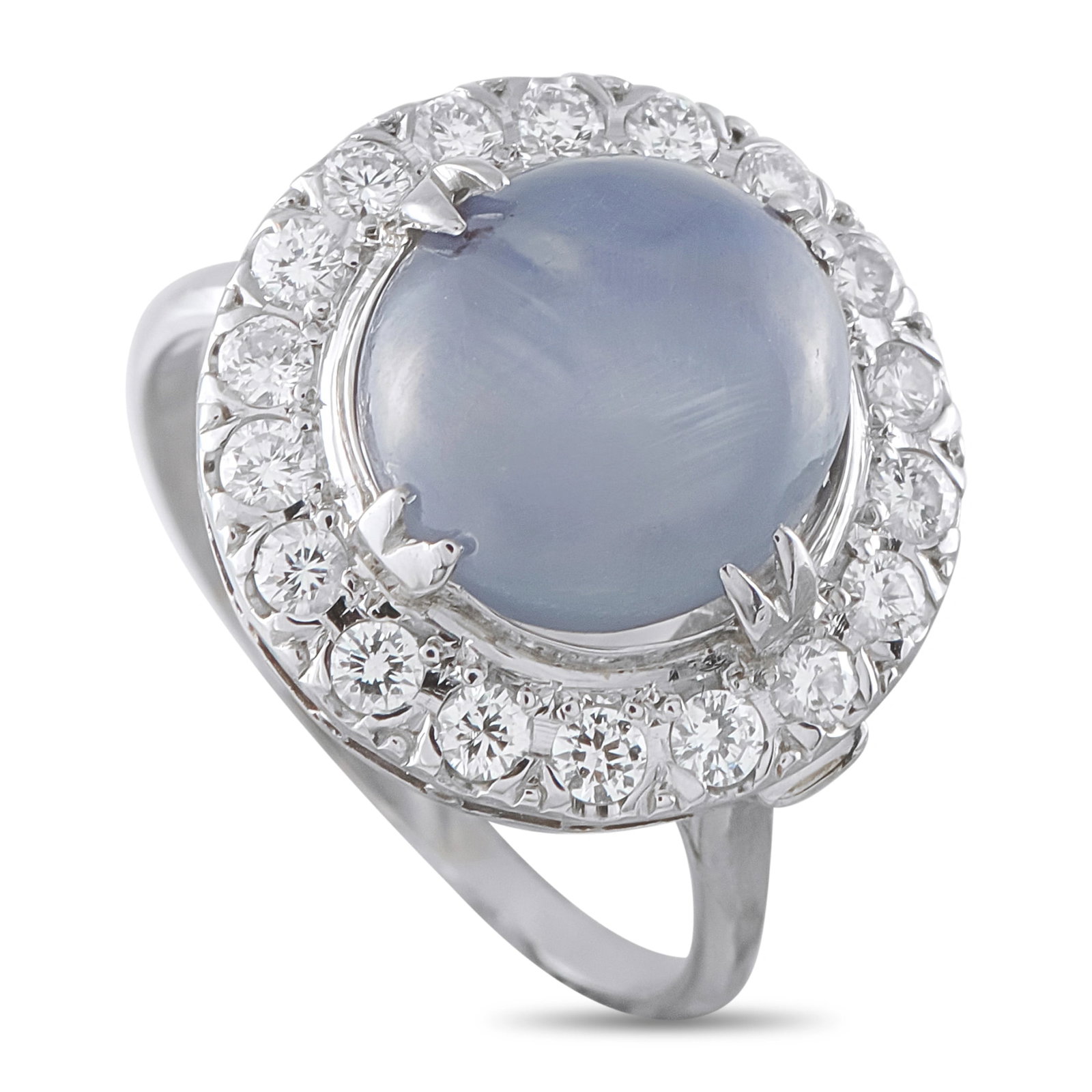 Antique Platinum 0.50ct Diamond and Star Sapphire Halo Ring: This antique-inspired halo ring is crafted in platinum and weighs 7.0 grams. It centers on a 9.20 carat cabochon-cut star sapphire displaying a natural six-ray asterism, surrounded by a halo of round 