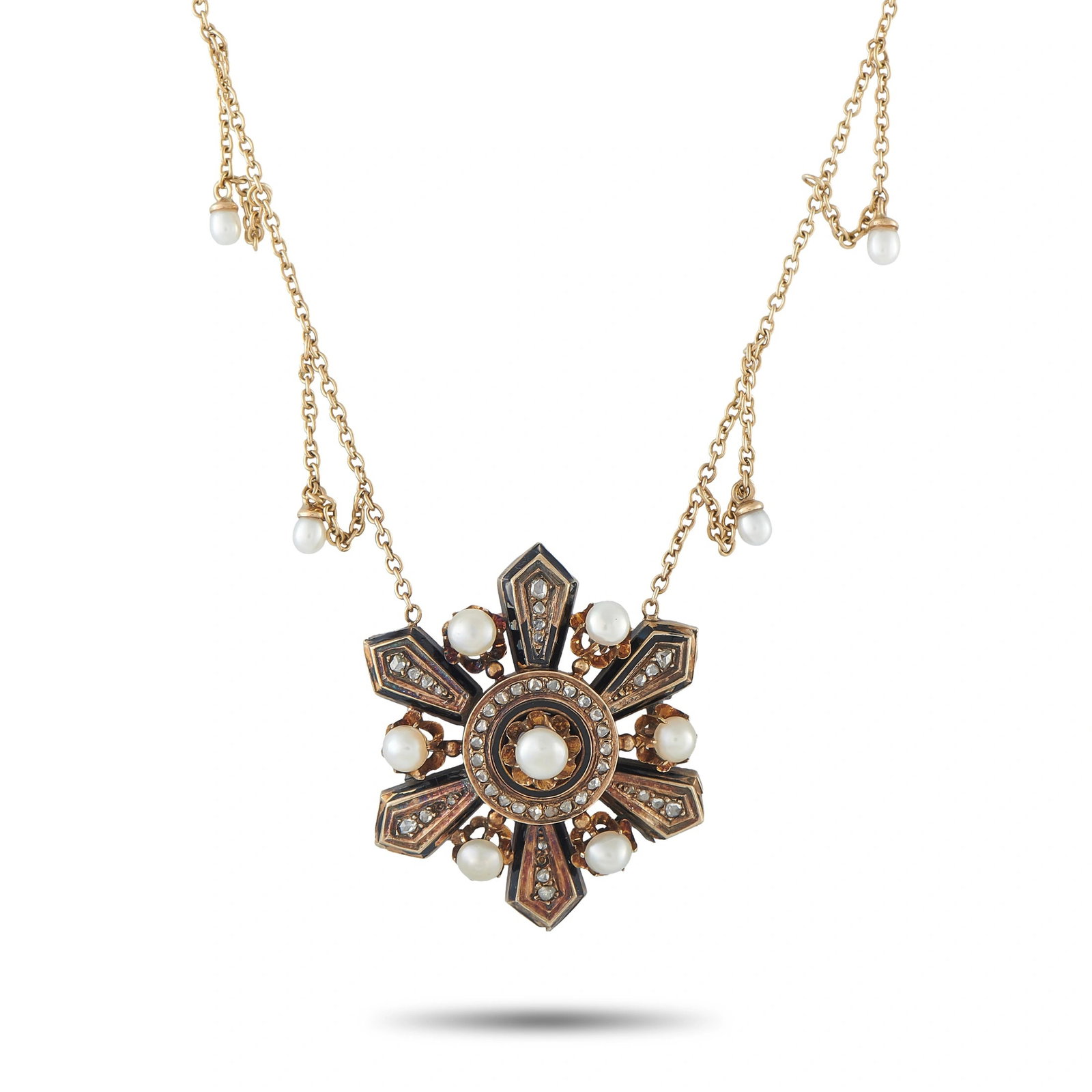 Antique 14K Yellow and Rose Gold Diamond and Natural Pearl Necklace: This necklace is an antique Victorian-era design crafted in 14K yellow gold with rose gold accents, featuring a starburst pendant set with rose-cut diamonds and natural pearls, including a natural pea