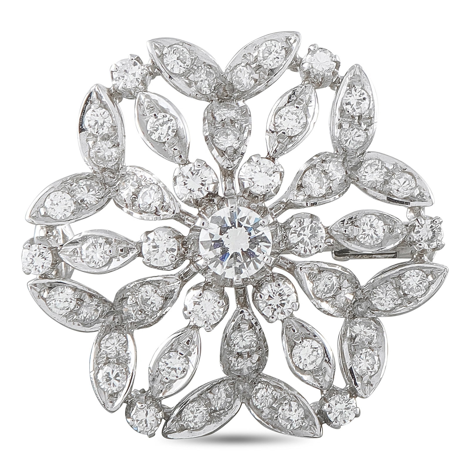 18K White Gold 1.5ct Diamond Cluster Brooch: This brooch is crafted from 18K white gold in an open flower/starburst design set with round brilliant diamonds totaling approximately 1.5 carats. The handwritten tag notes the piece can also be worn 
