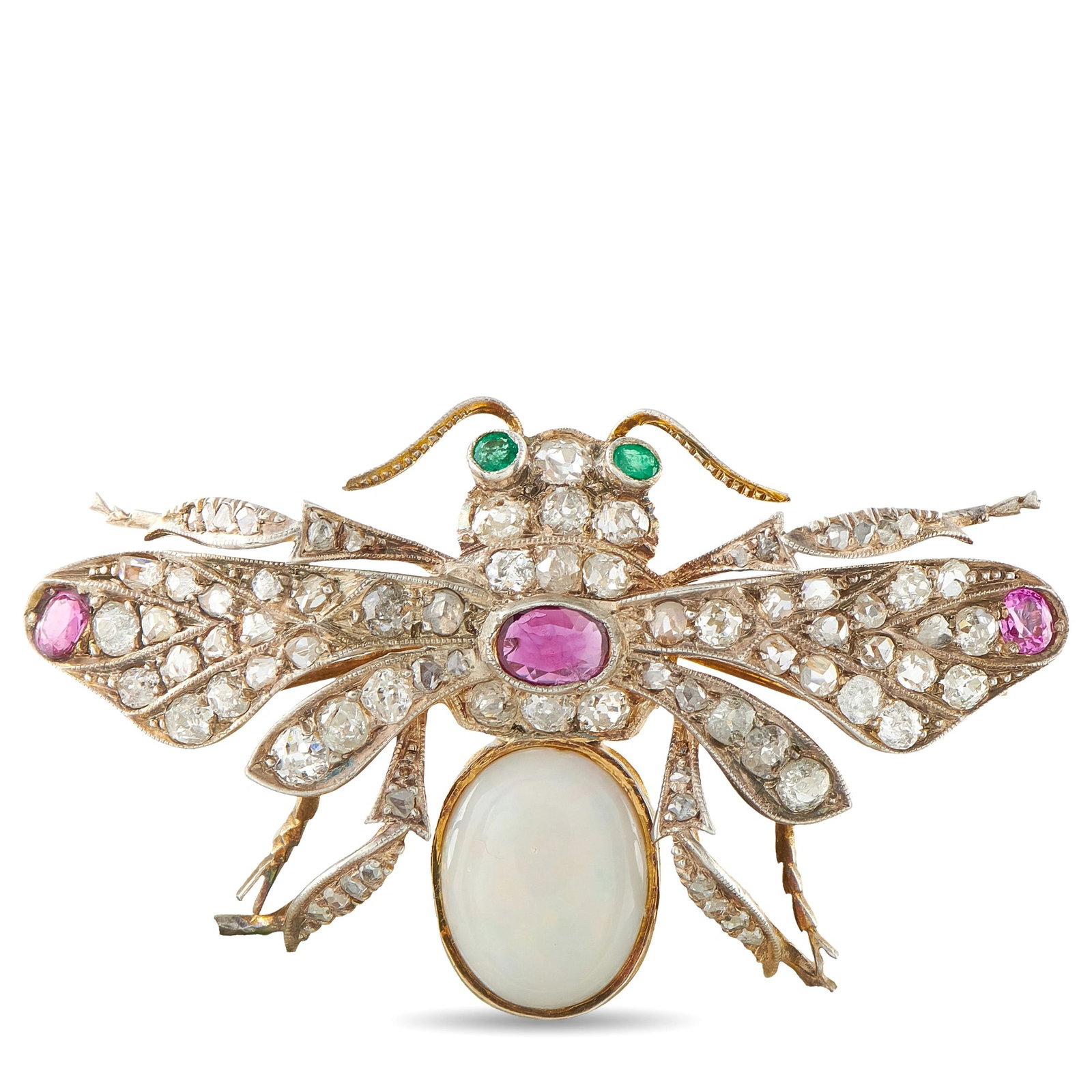 14K Yellow Gold and Silver 3.0ct Diamond, Opal, and Ruby Bee Brooch (1 of 3)