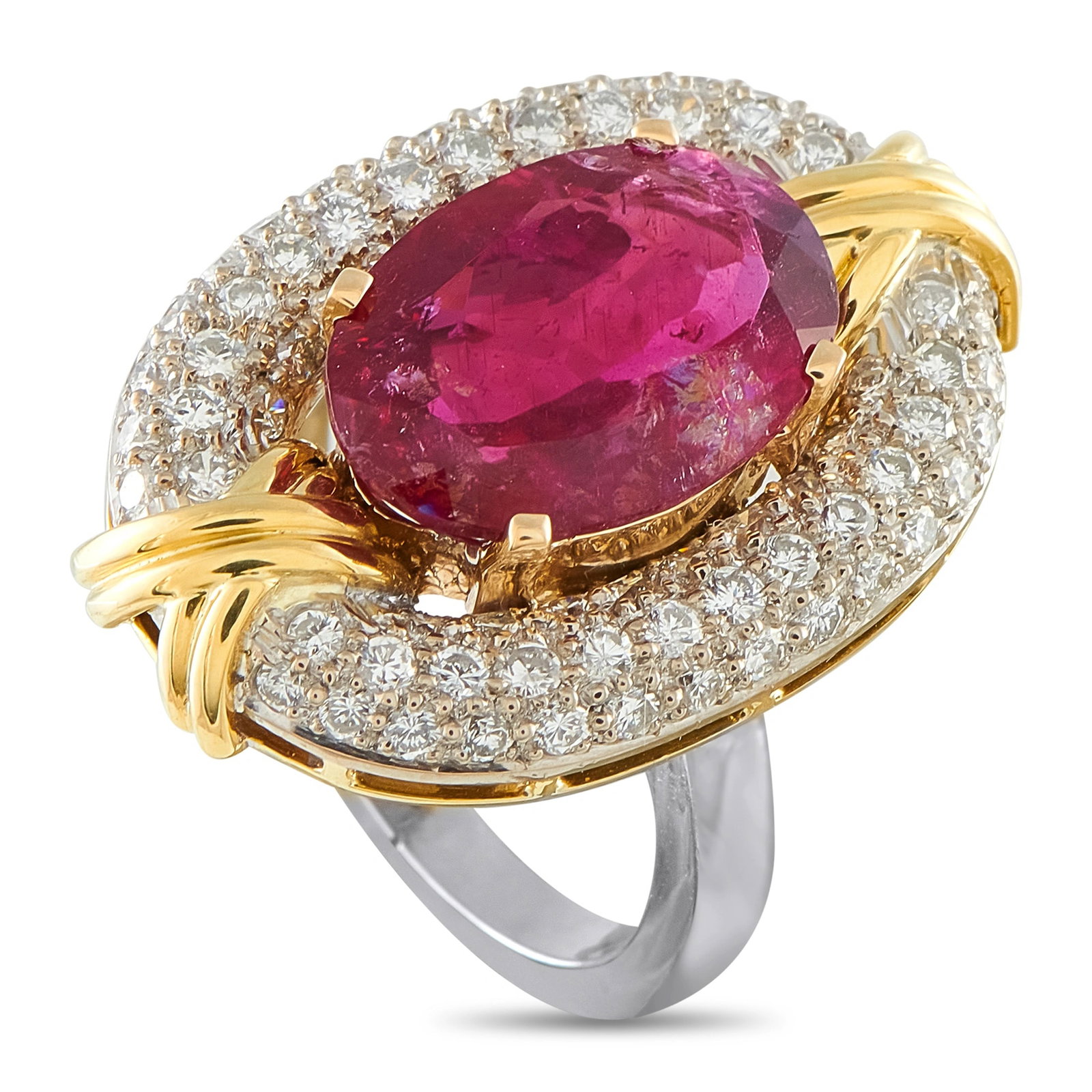 18K Yellow Gold 1.60ct Diamond and Rubellite Ring: This ring is crafted in 18K yellow gold with white gold pave accents and centers on a large oval rubellite tourmaline weighing approximately 6.94 carats, framed by a double halo of round brilliant dia
