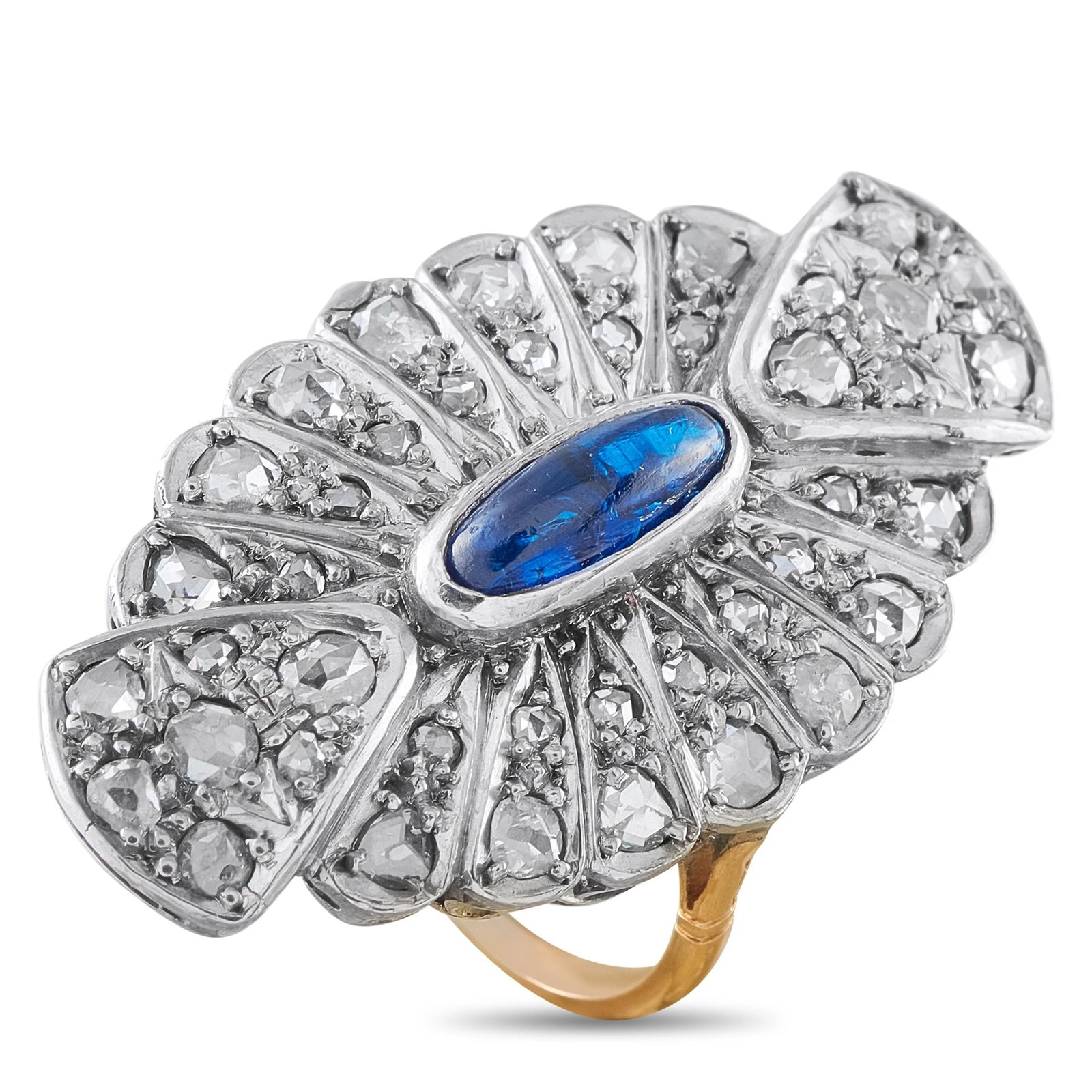 Antique 14K Rose Gold and Silver 0.9ct Diamond and Sapphire Ring: This antique ring is crafted in 14K rose gold with silver top-work in a scalloped fan design, centering an oval cabochon blue sapphire framed by radiating rows of rose-cut diamonds totaling approximat