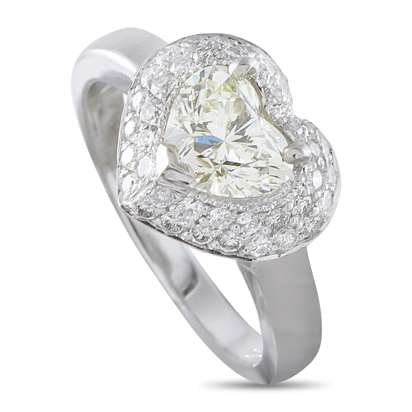 14K White Gold 1.56ct Diamond Ring: This ring is crafted in 14K white gold and centers on a 1.31 carat heart-shaped diamond. The center stone is framed by a pave halo of round brilliant diamonds totaling approximately 0.25 carats, for a