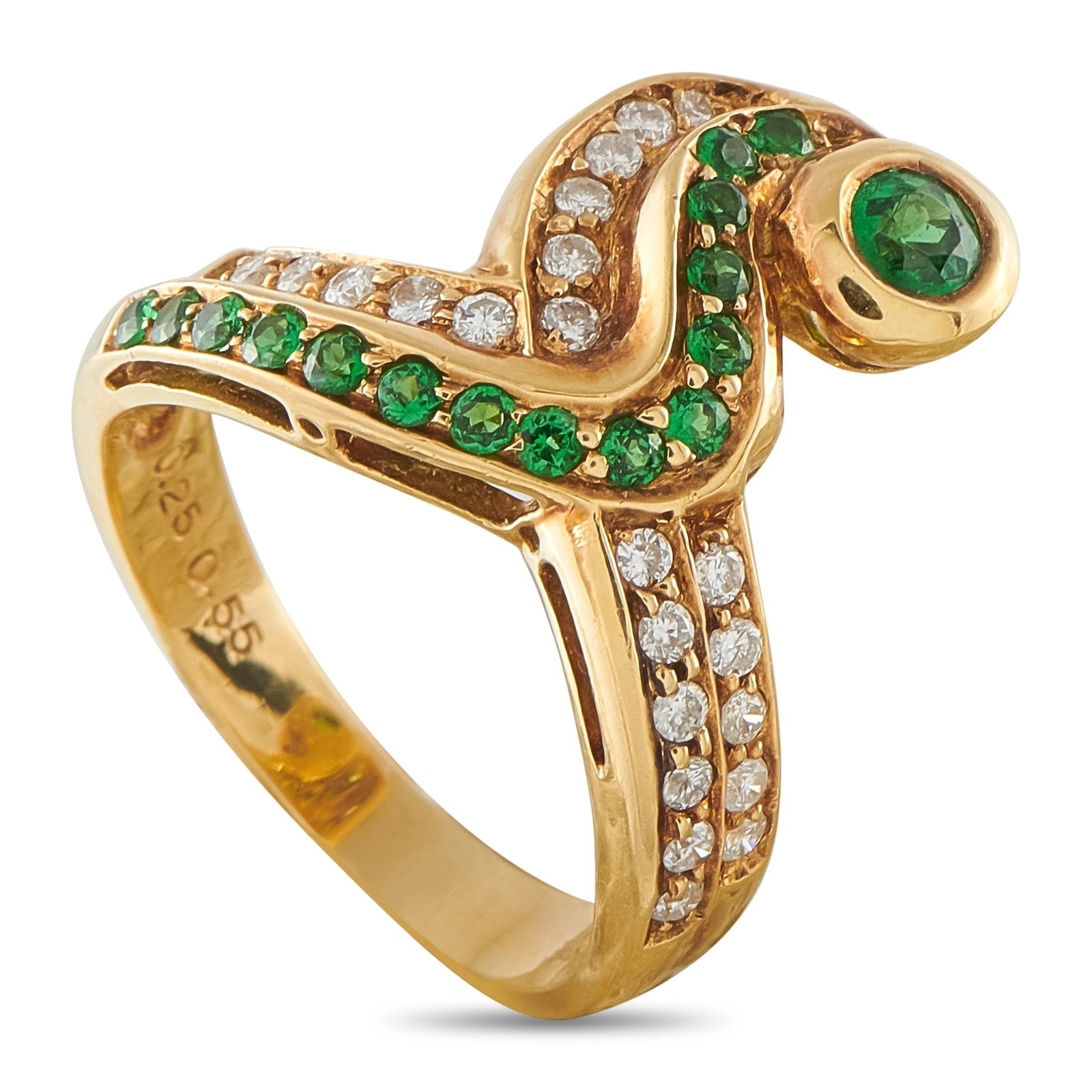 18K Yellow Gold 0.25ct Diamond and Tsavorite Ring: This ring is crafted in 18K yellow gold in a sculptural coiled snake design with tsavorite garnet eyes. Pave-set round diamonds totaling approximately 0.25 carats trace one side of the coil while vivi