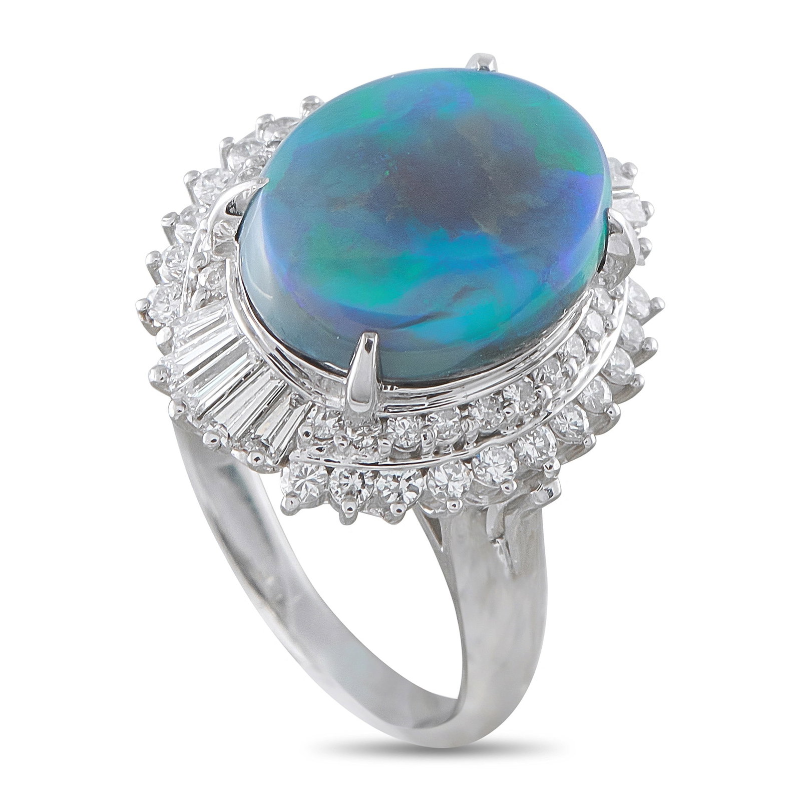 Platinum 0.80ct Diamond and Black Opal Ring: This ring is crafted in platinum and centers on a striking 3.85 carat oval black opal cabochon displaying vivid blue-green play-of-color. The opal is framed by a double halo of round brilliant and bag