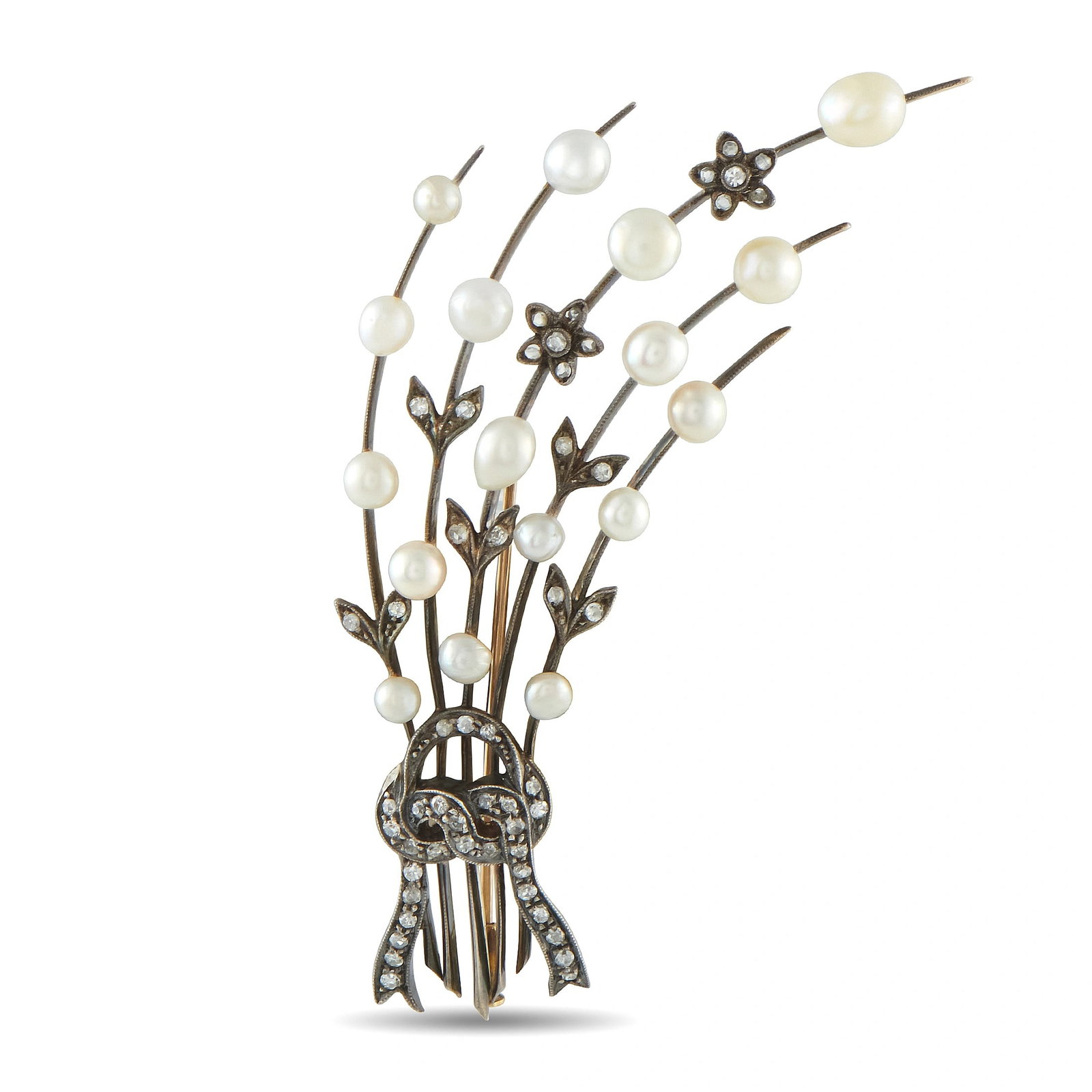 Antique 14K Rose Gold and Silver Diamond and Natural Pearl Spray Brooch: This antique brooch is crafted in 14K rose gold with silver detailing, designed as a graceful spray of natural pearls accented by diamond-set florets and foliate leaves, gathered at the base by a diam