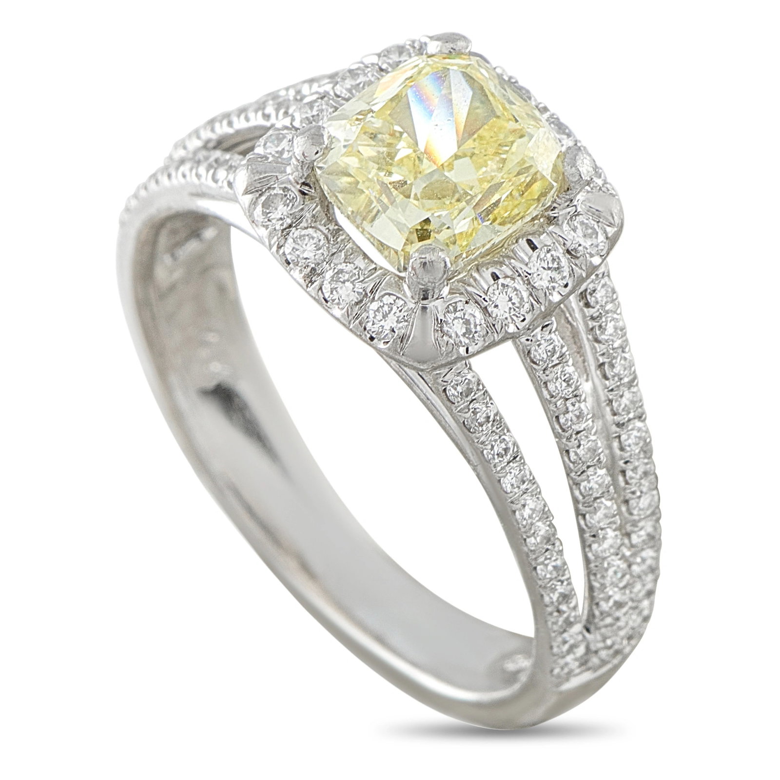 14K White Gold 2.16ct Fancy Yellow Diamond Ring: This ring is crafted in 14K white gold and centers a GIA-certified 1.66 carat fancy yellow diamond of VS1 clarity, framed by round brilliant white diamonds totaling approximately 0.50 carats for a tot