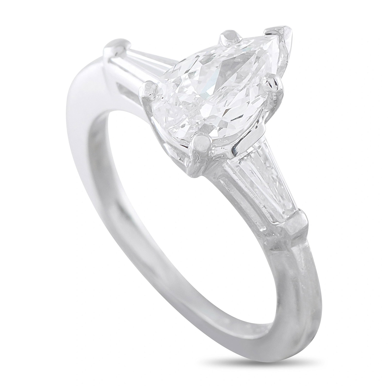 Platinum 1.16ct Diamond Ring: This platinum ring showcases a pear-shaped diamond center stone of approximately 0.96 carats, accented by tapered baguette diamonds totaling approximately 0.20 carats, for a total diamond weight of ap