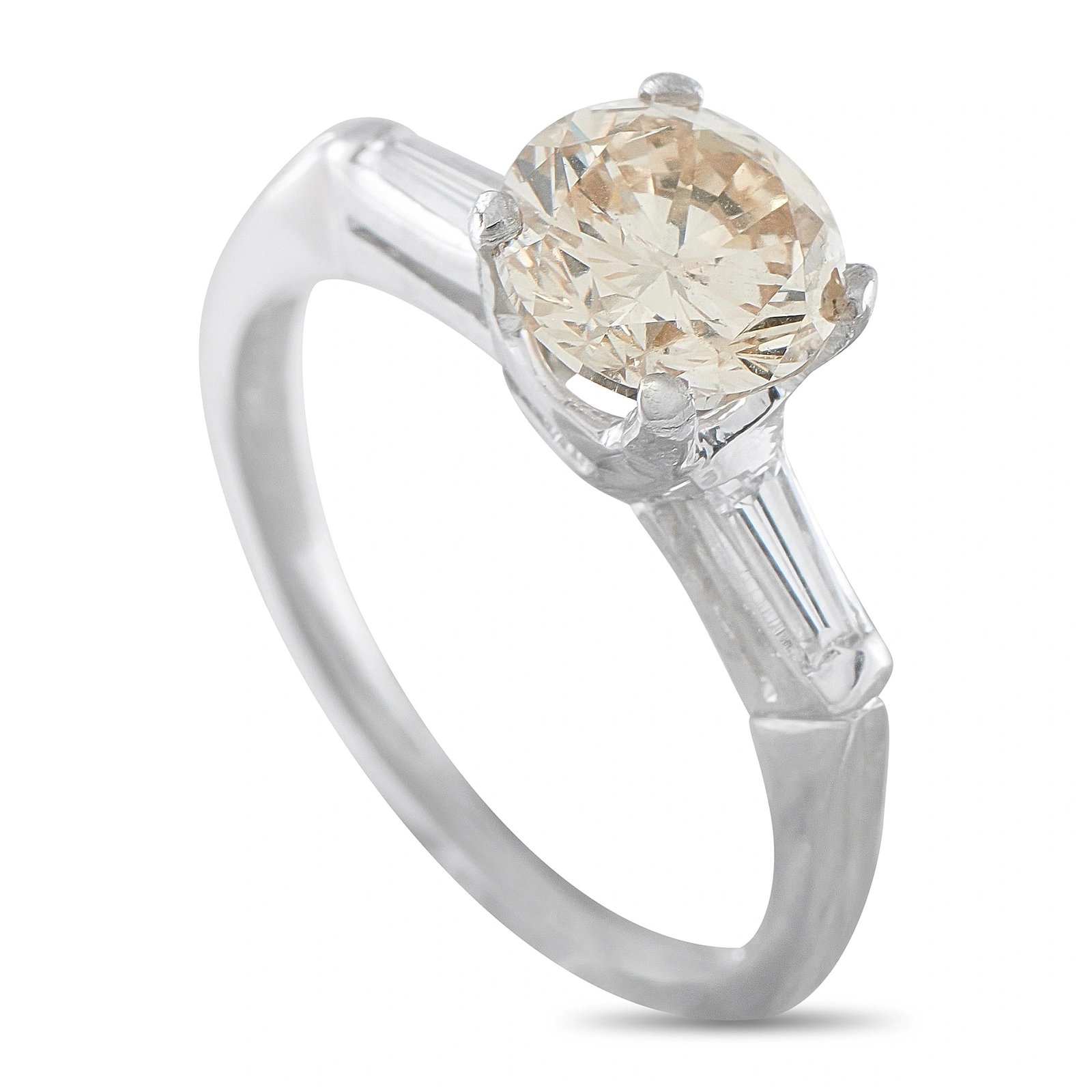 Platinum 2.00ct Diamond Ring: This platinum ring features a round brilliant-cut diamond center stone of approximately 1.80 carats set in a classic prong mounting, flanked by tapered baguette diamond accents totaling approximately 