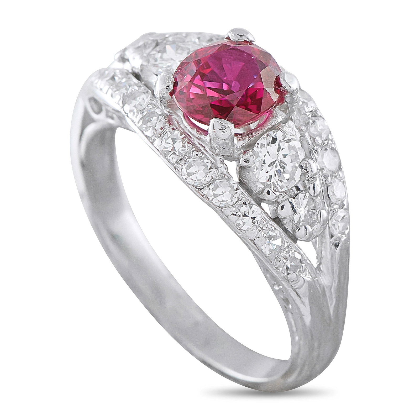 Platinum 0.60ct Diamond Ruby Ring: This estate ring is crafted in platinum and centers on a vivid round ruby weighing approximately 1.14 carats, framed by sparkling round brilliant-cut diamonds totaling 0.60 carats along the shoulders.