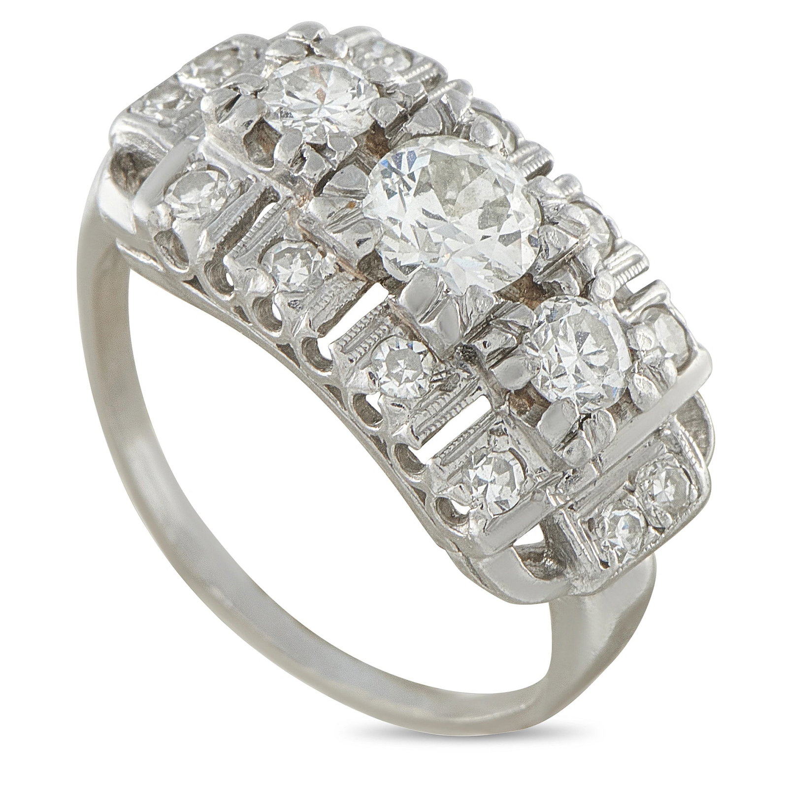 Platinum 1.20ct Old European Cut Diamond Art Deco Ring: A stunning platinum Art Deco ring featuring an old European cut diamond center stone flanked by round diamond accents set in a rectangular, milgrain-edged mounting, for a total diamond weight of appro