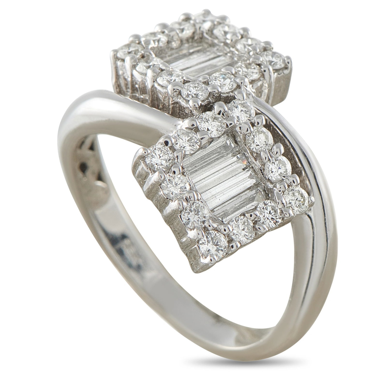 18K White Gold 1.35ct Diamond Bypass Ring: This bypass-style ring showcases two rectangular clusters of baguette-cut diamonds, each framed by round brilliant-cut diamonds, crossing over one another in a stylish toi et moi design. Crafted in 18