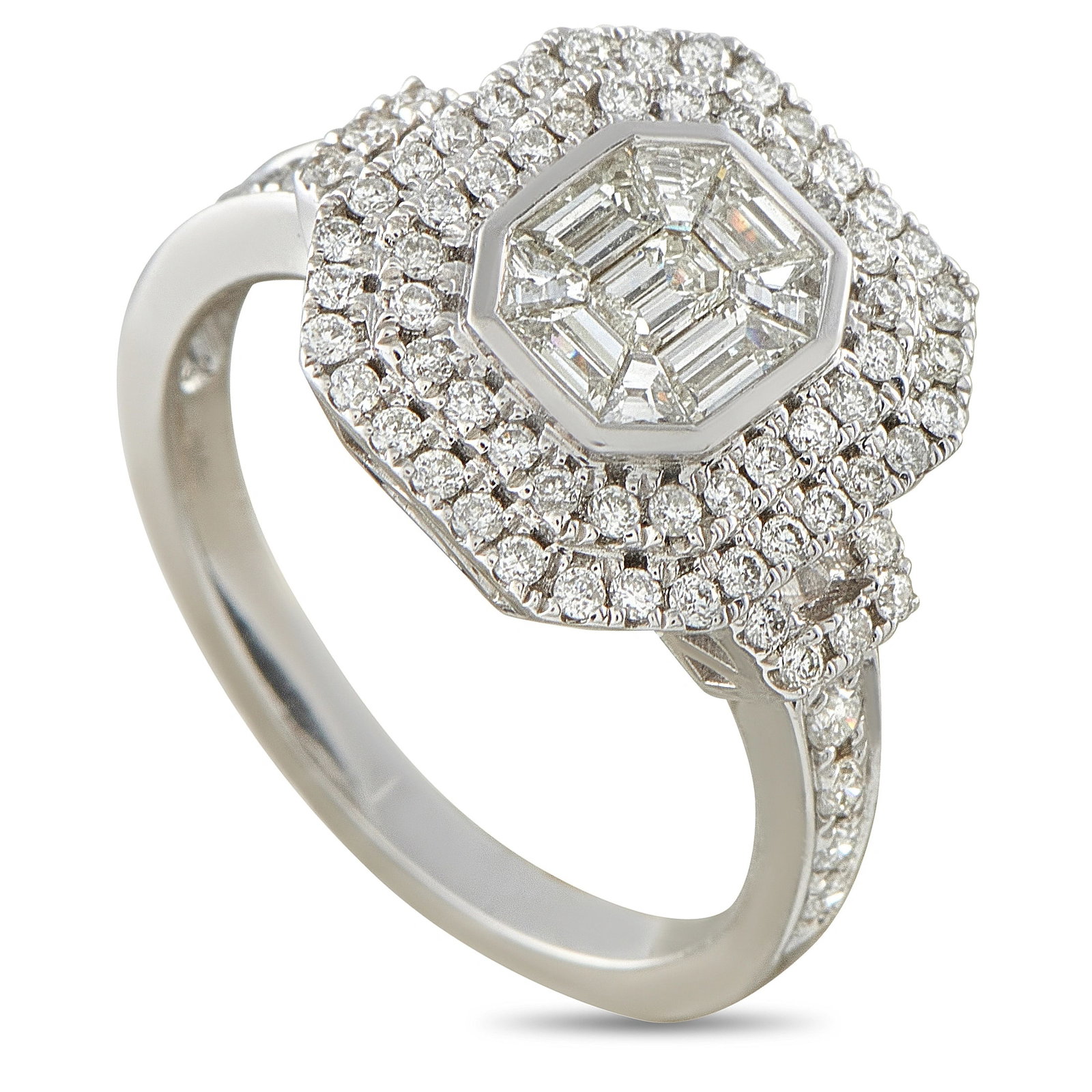 18K White Gold 1.25ct Diamond Halo Ring: This ring features a cluster of baguette-cut diamonds artfully set together to create the illusion of one large emerald-cut center stone, framed by a double halo of round brilliant-cut diamonds and di