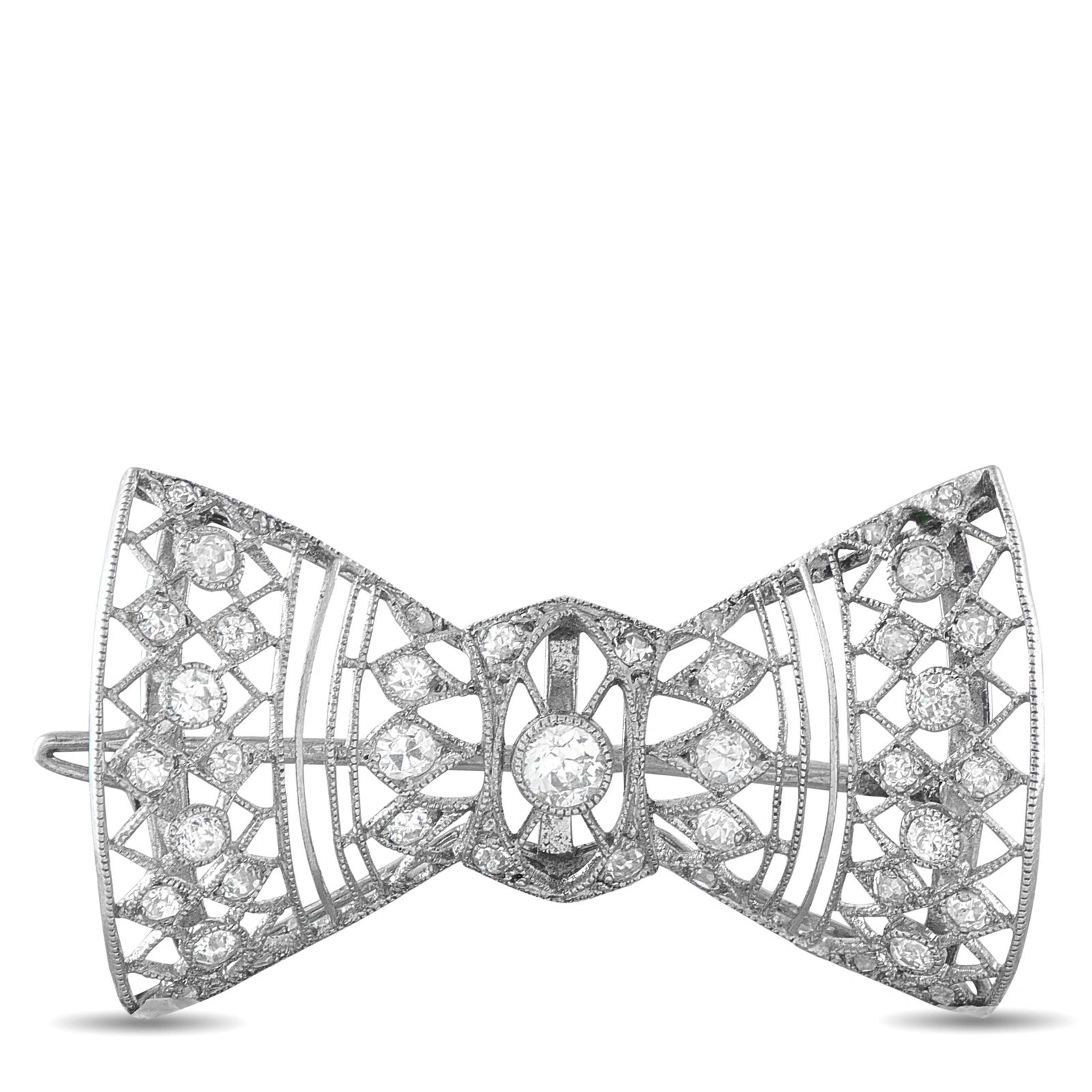 18K White Gold 0.40ct Diamond Belle Epoque Bow Brooch: This antique-style french Belle Epoque brooch is designed as an elegant bow, pave-set throughout with round diamonds totaling approximately 0.40 carats within an intricate open-work, millegrain-edged 