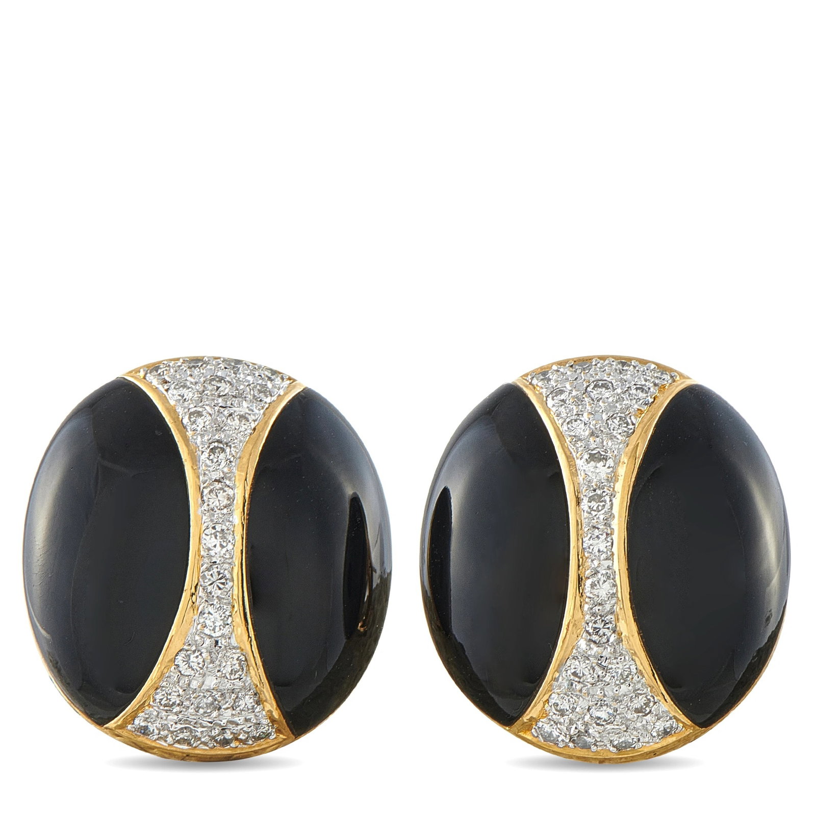 18K Yellow Gold 1.0ct Diamond and Onyx Earrings: This pair of oval button earrings is crafted in 18K yellow gold and set with polished onyx cabochons accented by a diagonal pavé diamond stripe totaling approximately 1.00 carat. Finished with secure