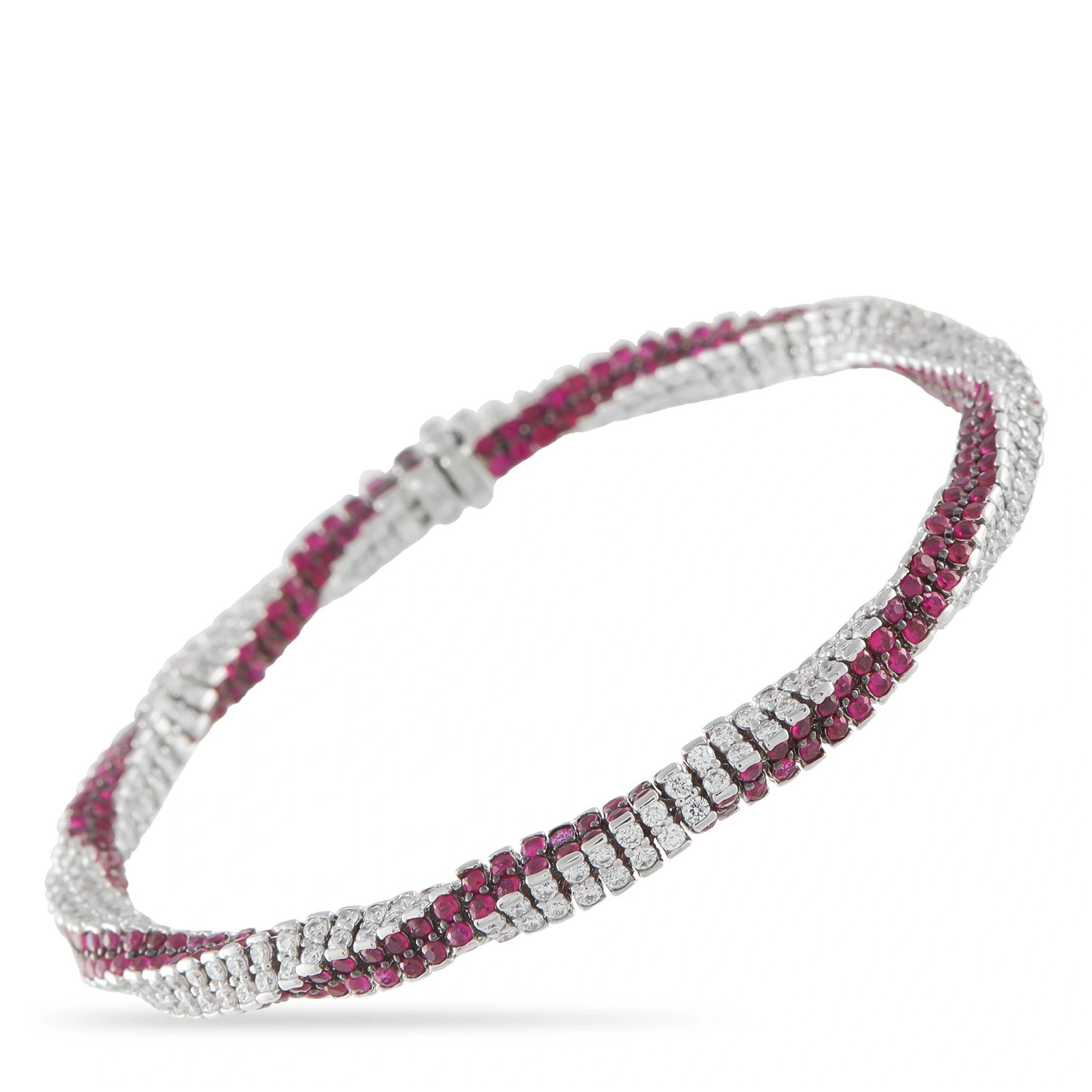Assael 18K White Gold 5.48ct Diamond and Ruby Snake Bracelet: This Assael bracelet is crafted in 18K white gold in a flexible snake-link design, set with round brilliant-cut diamonds totaling approximately 5.48 carats alongside vivid red rubies totaling approxim