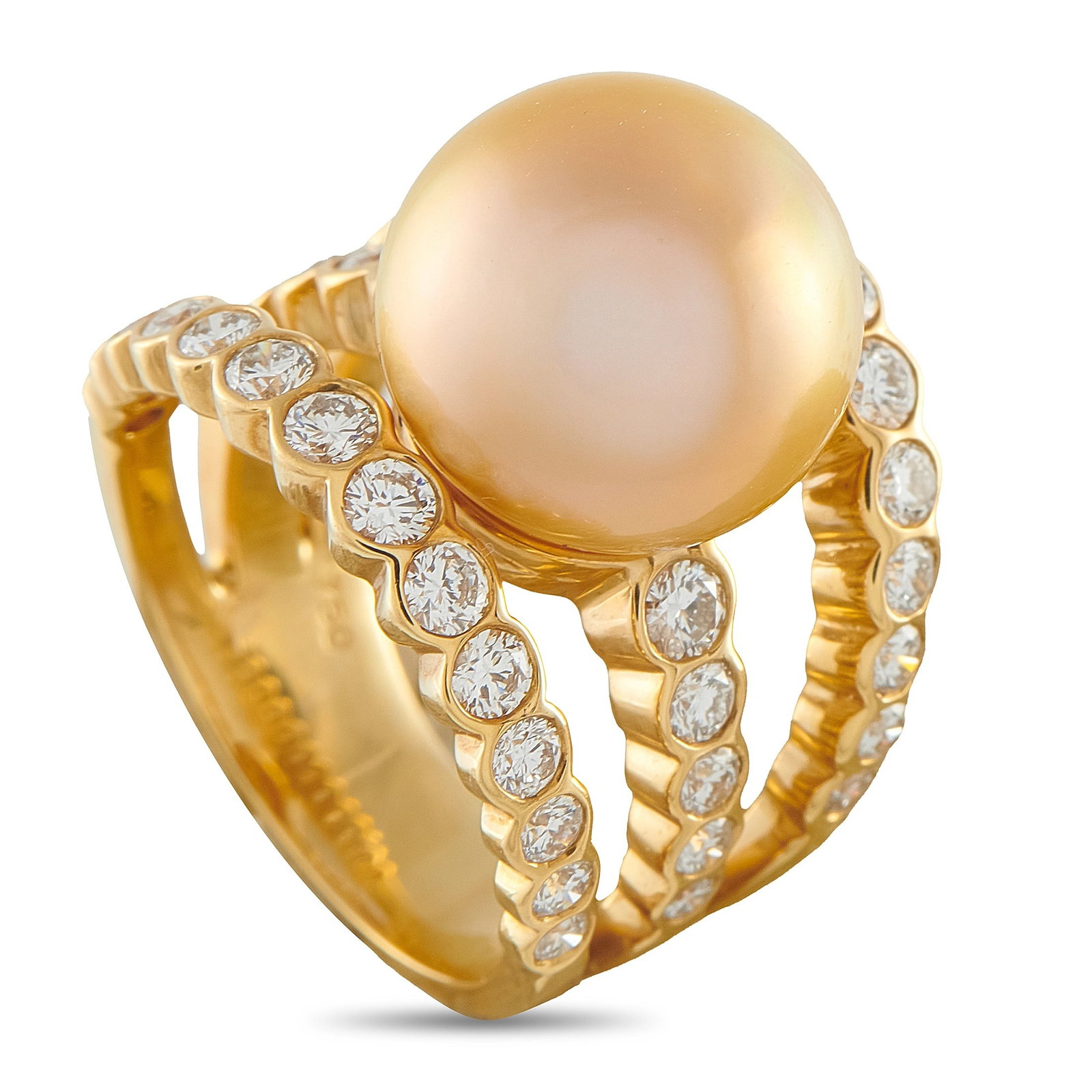 Assael 18K Yellow Gold 1.72ct Diamond and Golden Pearl Ring: This Assael ring is crafted in 18K yellow gold, featuring a lustrous 12mm golden pearl bezel-set atop three intersecting rows of pavé round diamonds totaling approximately 1.72 carats. The ring weigh
