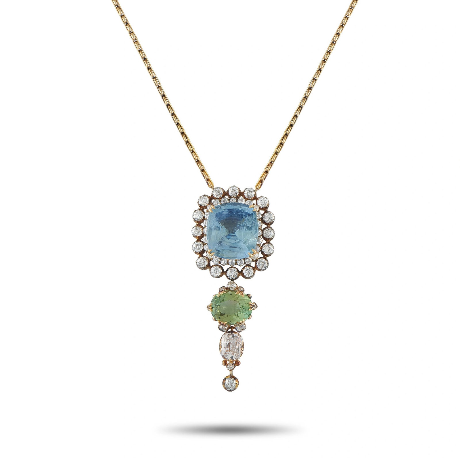 14K Yellow Gold 21ct Burma No Heat Sapphire, Tourmaline, and Diamond Pendant: This extraordinary estate 14K yellow gold necklace features a magnificent cascading pendant of exceptional gemological depth and antique elegance. At the crown of the pendant, a large cushion-cut blue