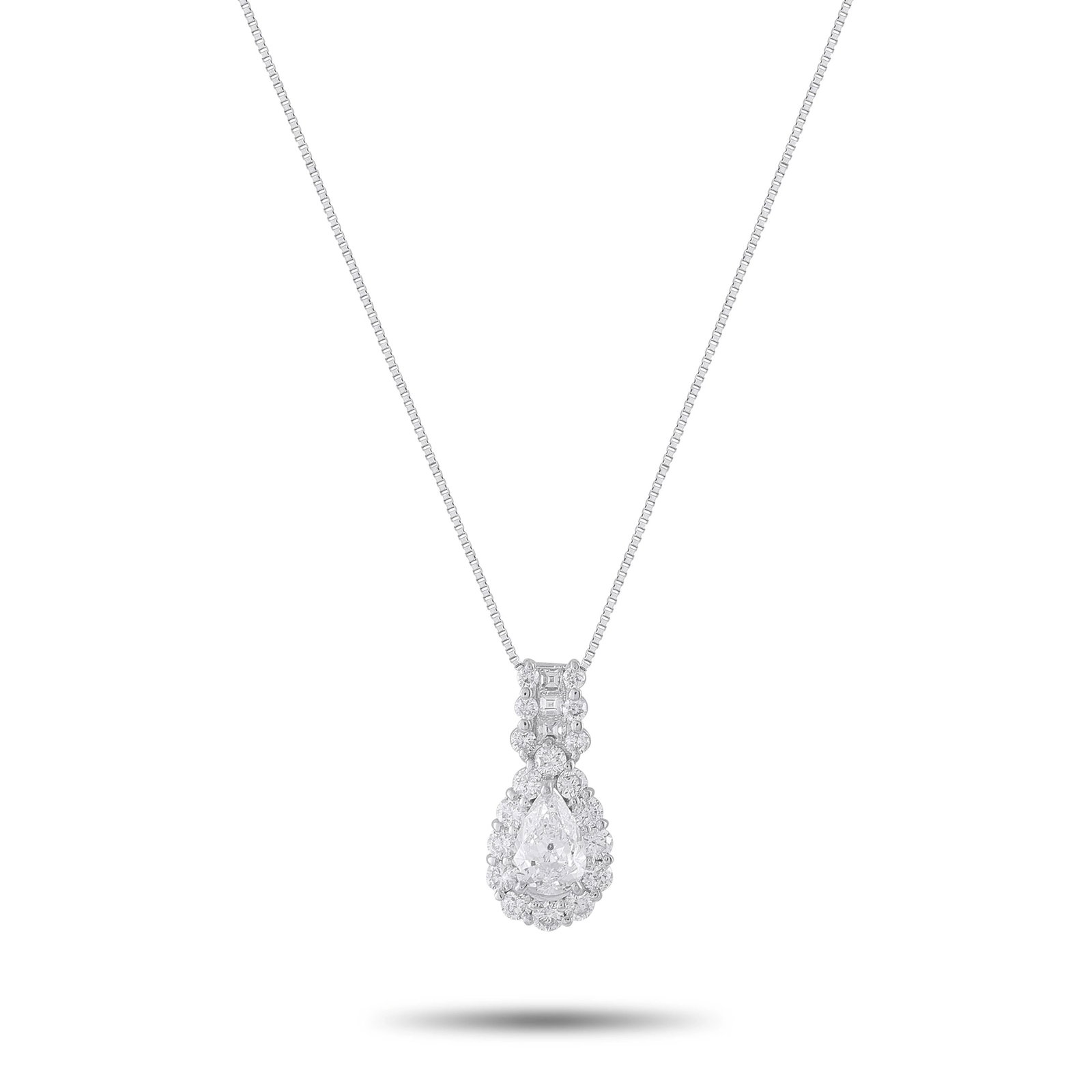 Platinum 1.98ct Diamond Pendant: This breathtaking platinum diamond pendant necklace centers a pear-shaped diamond of approximately 1.0 carat, surrounded by a glittering halo of round brilliant diamonds and accented above by addition